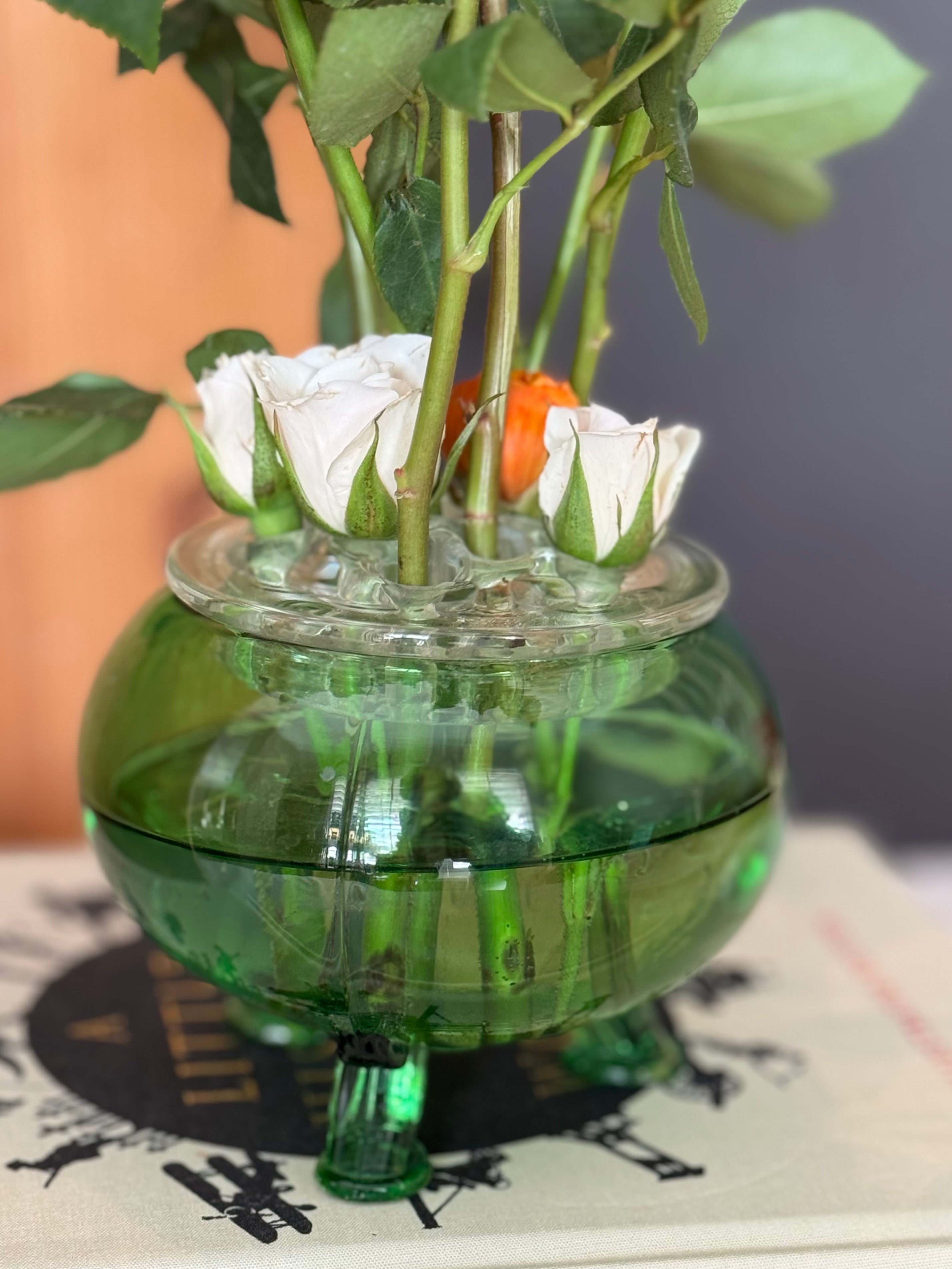 Gorgeous Viking Epic Green Glass 3-Footed Bowl with Frog Insert | Mid Century Floral Arranger