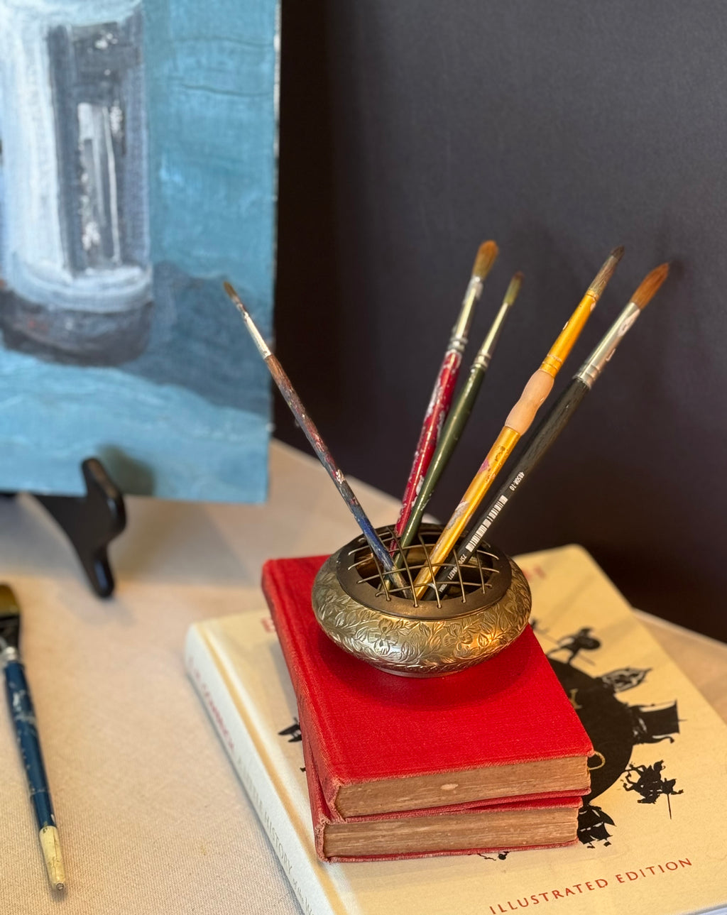 Vintage Etched Brass Flower Frog / Grid Vase — Sculptural Desk Object