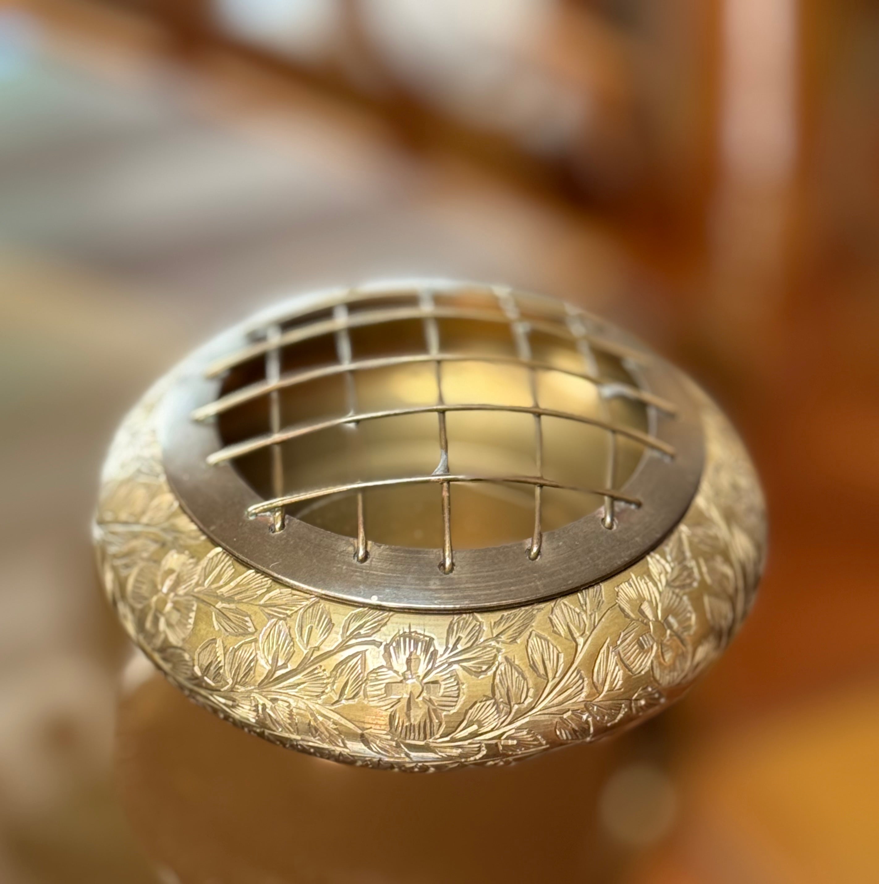 Vintage Etched Brass Flower Frog / Grid Vase — Sculptural Desk Object