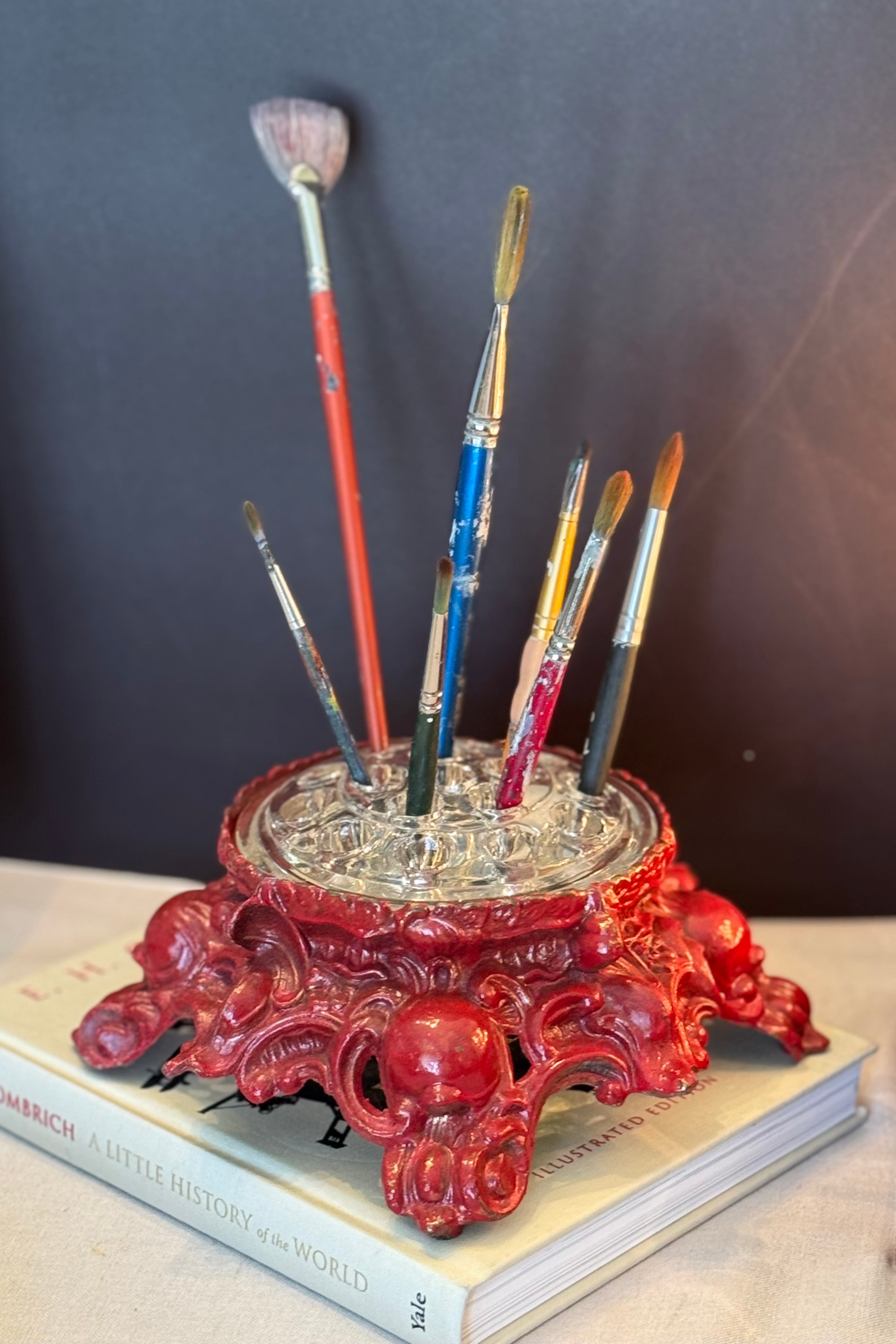 Vintage Baroque Style Flower Frog with Ornate Red Stand — Sculptural Desk Object