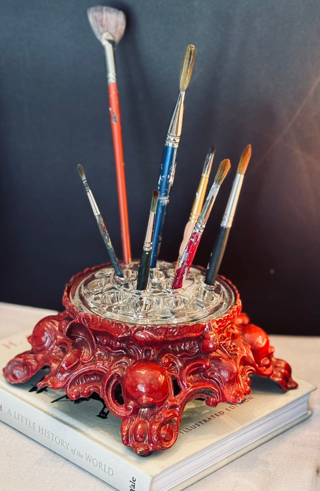 Vintage Baroque Style Flower Frog with Ornate Red Stand — Sculptural Desk Object
