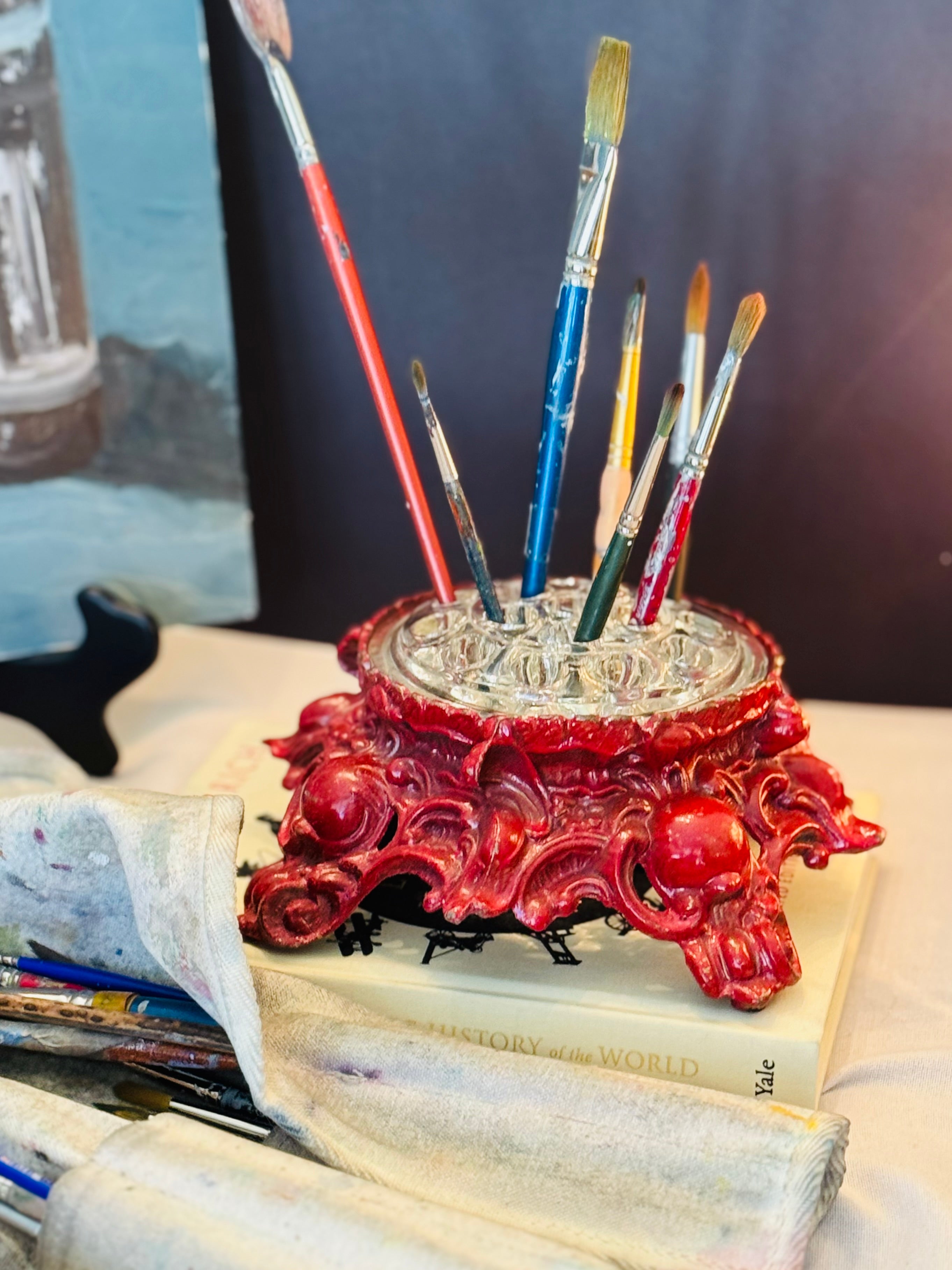 Vintage Baroque Style Flower Frog with Ornate Red Stand — Sculptural Desk Object