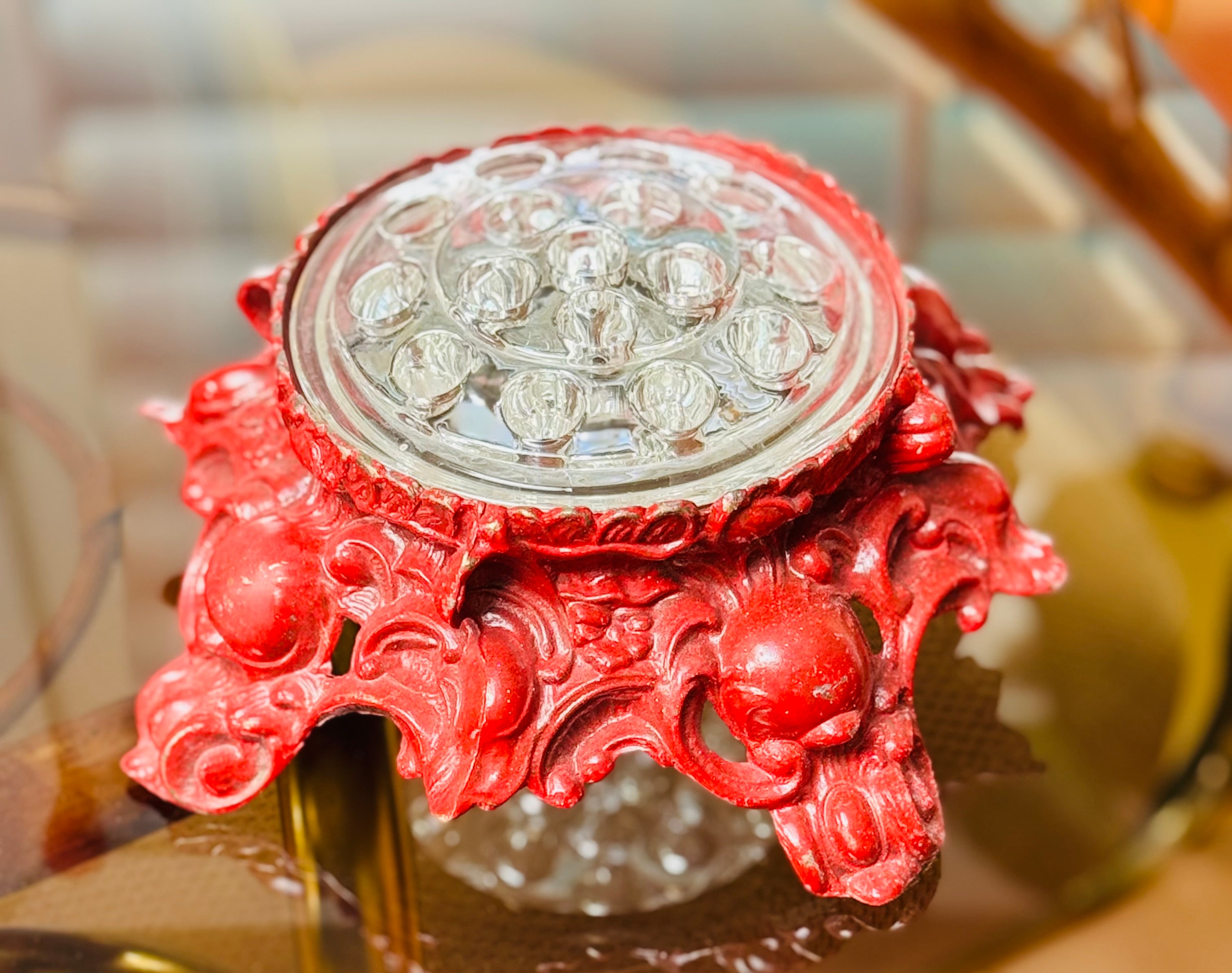 Vintage Baroque Style Flower Frog with Ornate Red Stand — Sculptural Desk Object