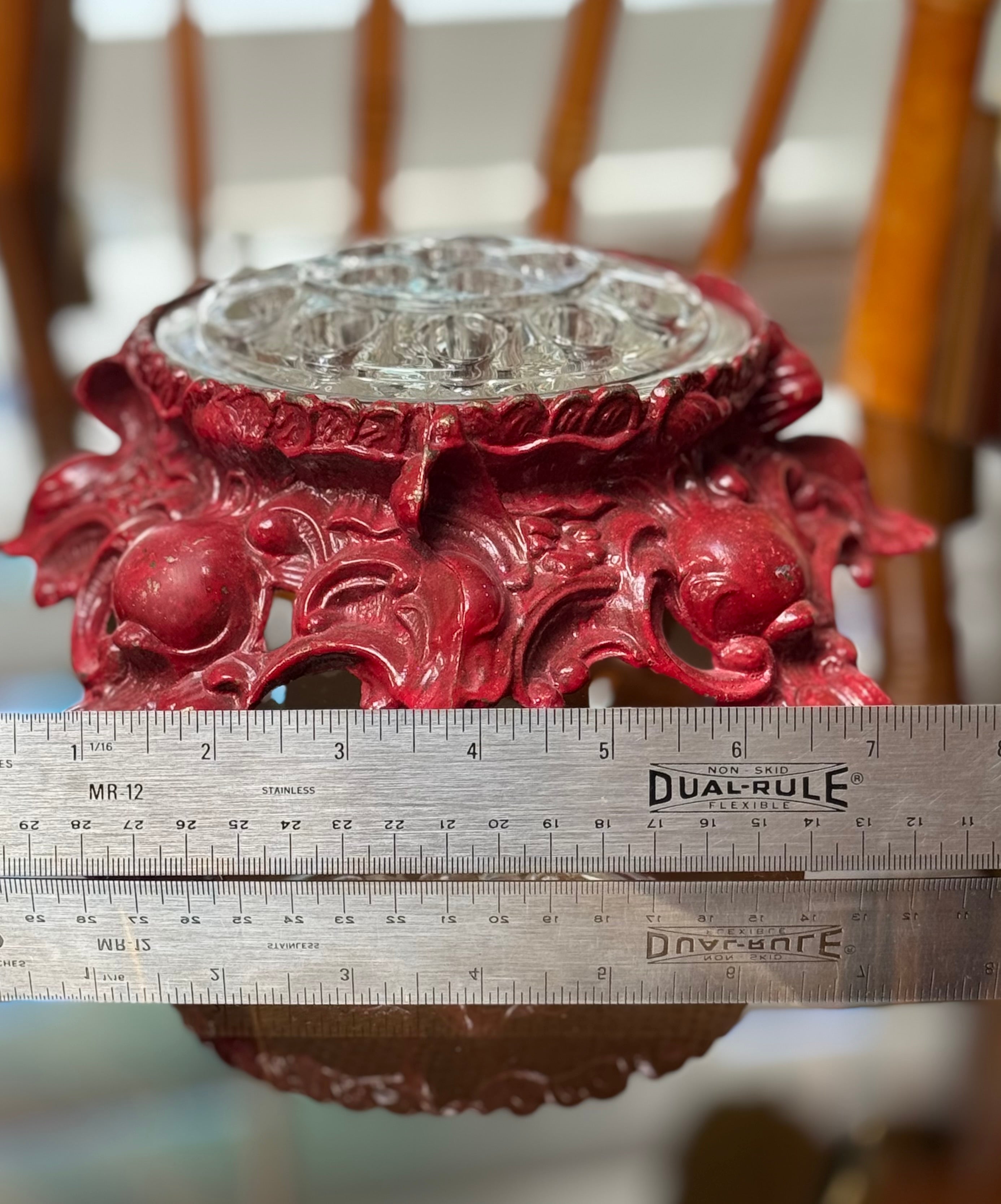 Vintage Baroque Style Flower Frog with Ornate Red Stand — Sculptural Desk Object