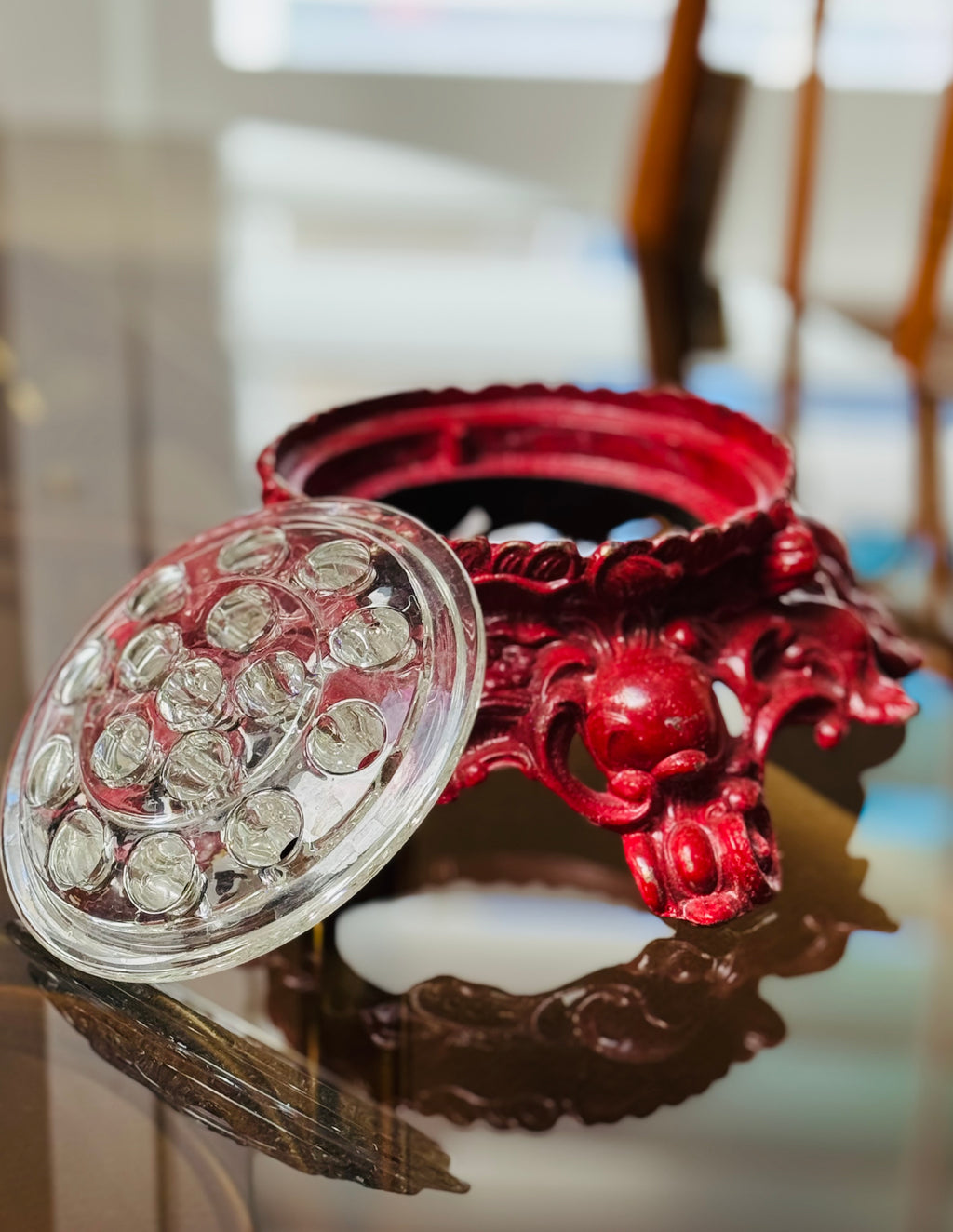 Vintage Baroque Style Flower Frog with Ornate Red Stand — Sculptural Desk Object