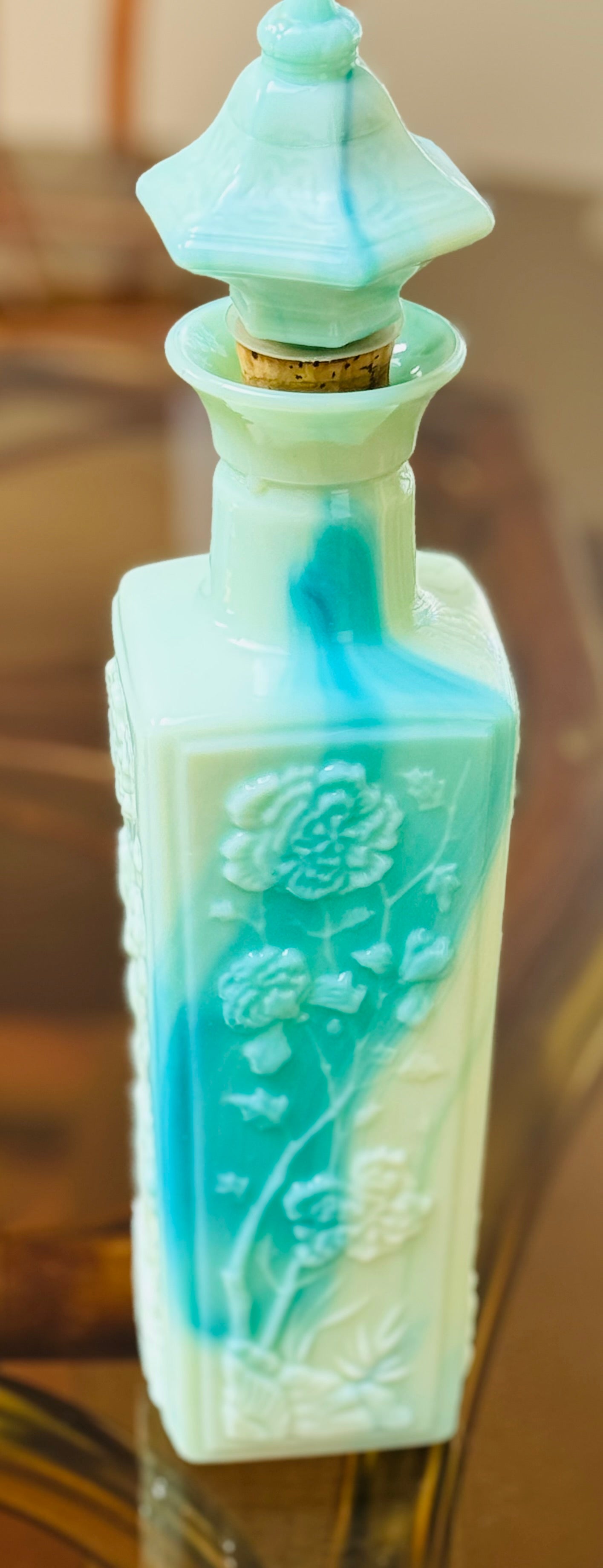 Beautiful 1972 Jim Beam “Oriental Jade” Decanters — Sculptural Slag Glass Style (Set of 2)