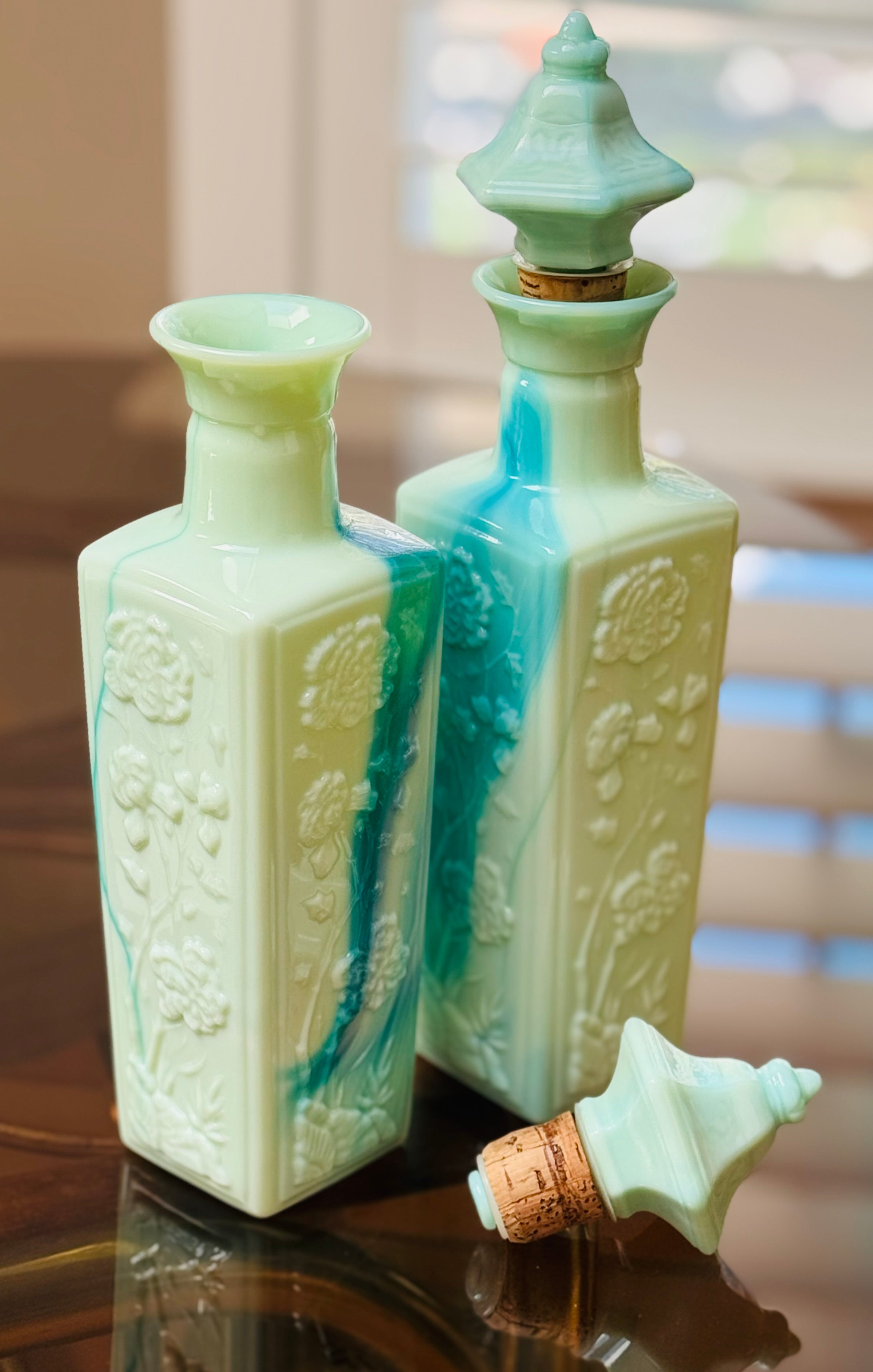 Beautiful 1972 Jim Beam “Oriental Jade” Decanters — Sculptural Slag Glass Style (Set of 2)