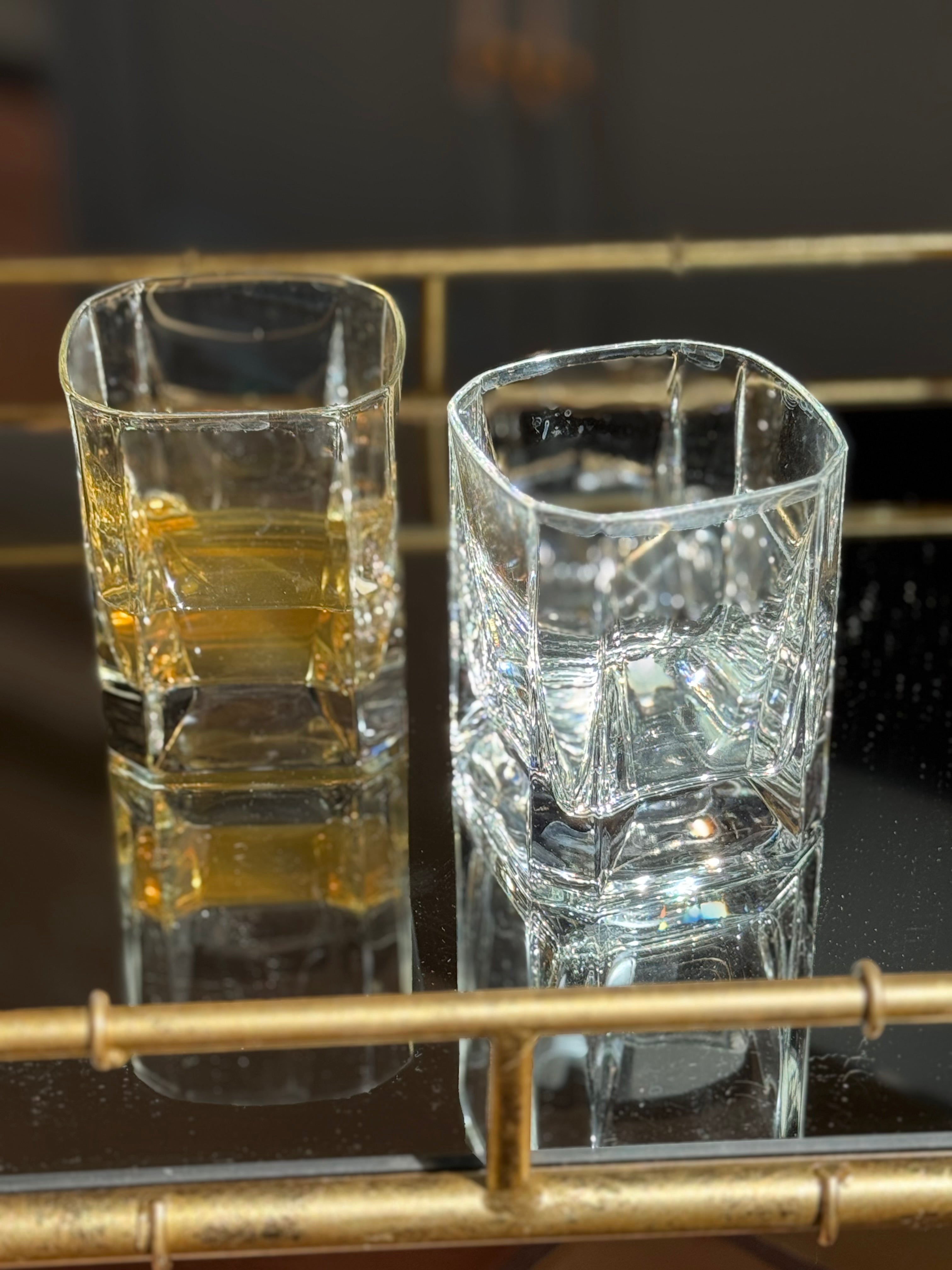 Vintage Italian Square Base Rocks Glasses — Heavy Cut Crystal Lowball Tumblers (Set of 2)