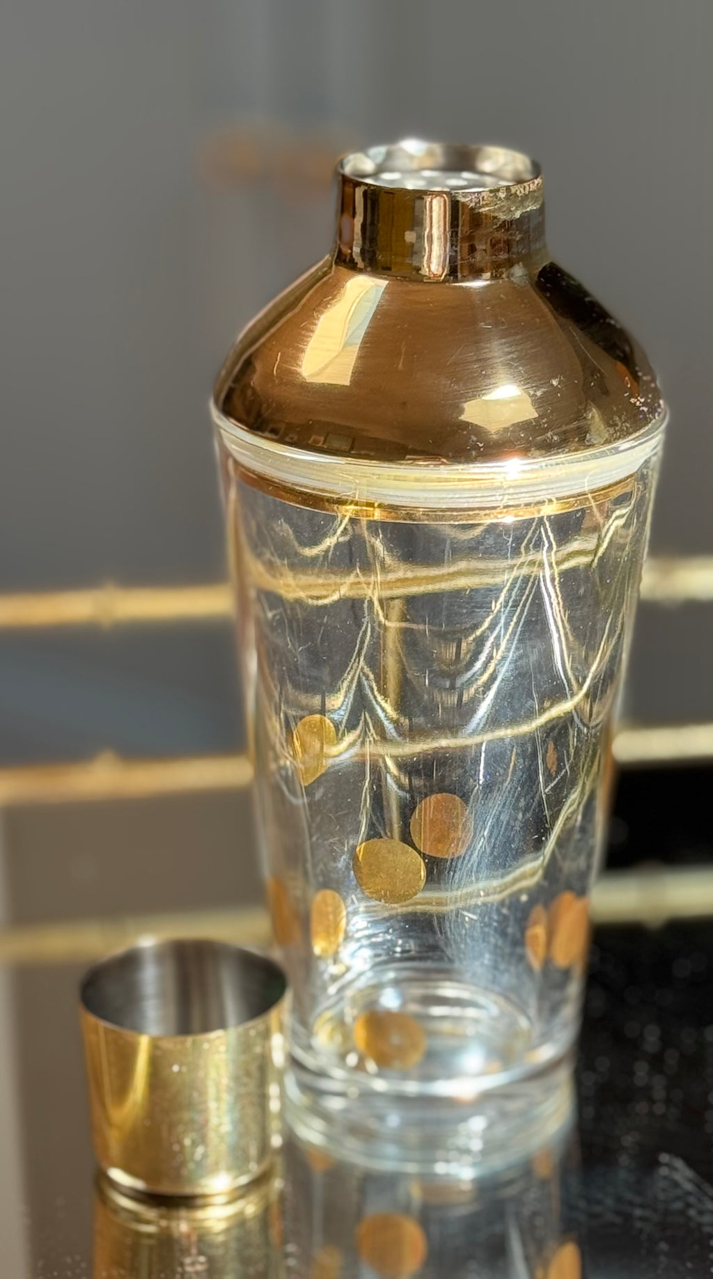 The Bar Edit — Vintage Barware Set Tarnów Poland Glass Pitcher, Brass Toned Cocktail Shaker, Marble Coasters & Collectable Mosser Milk Glass Boot — Mid Century Modern SLC