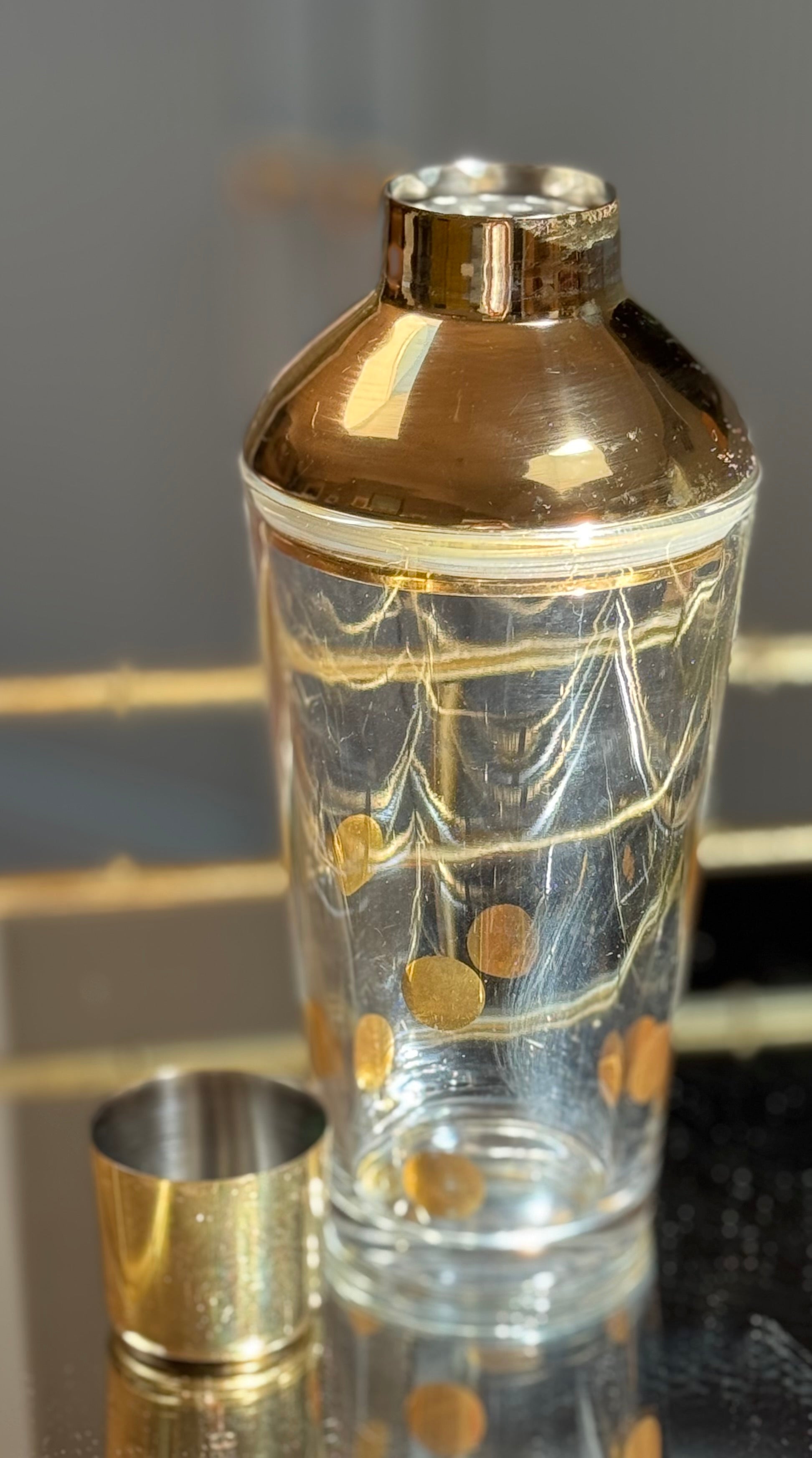 The Bar Edit — Vintage Barware Set Tarnów Poland Glass Pitcher, Brass Toned Cocktail Shaker, Marble Coasters & Collectable Mosser Milk Glass Boot — Mid Century Modern SLC