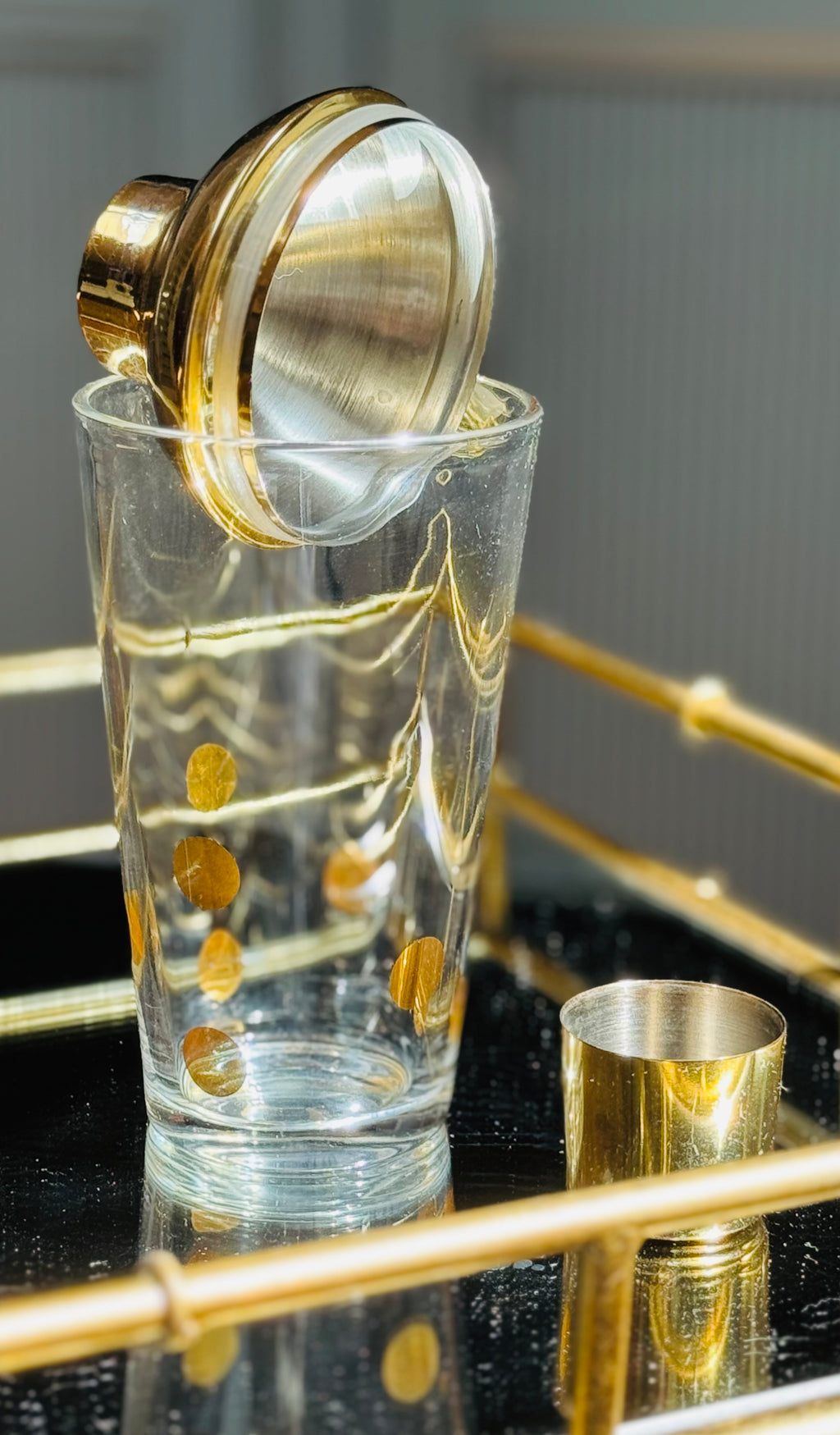 The Bar Edit — Vintage Barware Set Tarnów Poland Glass Pitcher, Brass Toned Cocktail Shaker, Marble Coasters & Collectable Mosser Milk Glass Boot — Mid Century Modern SLC