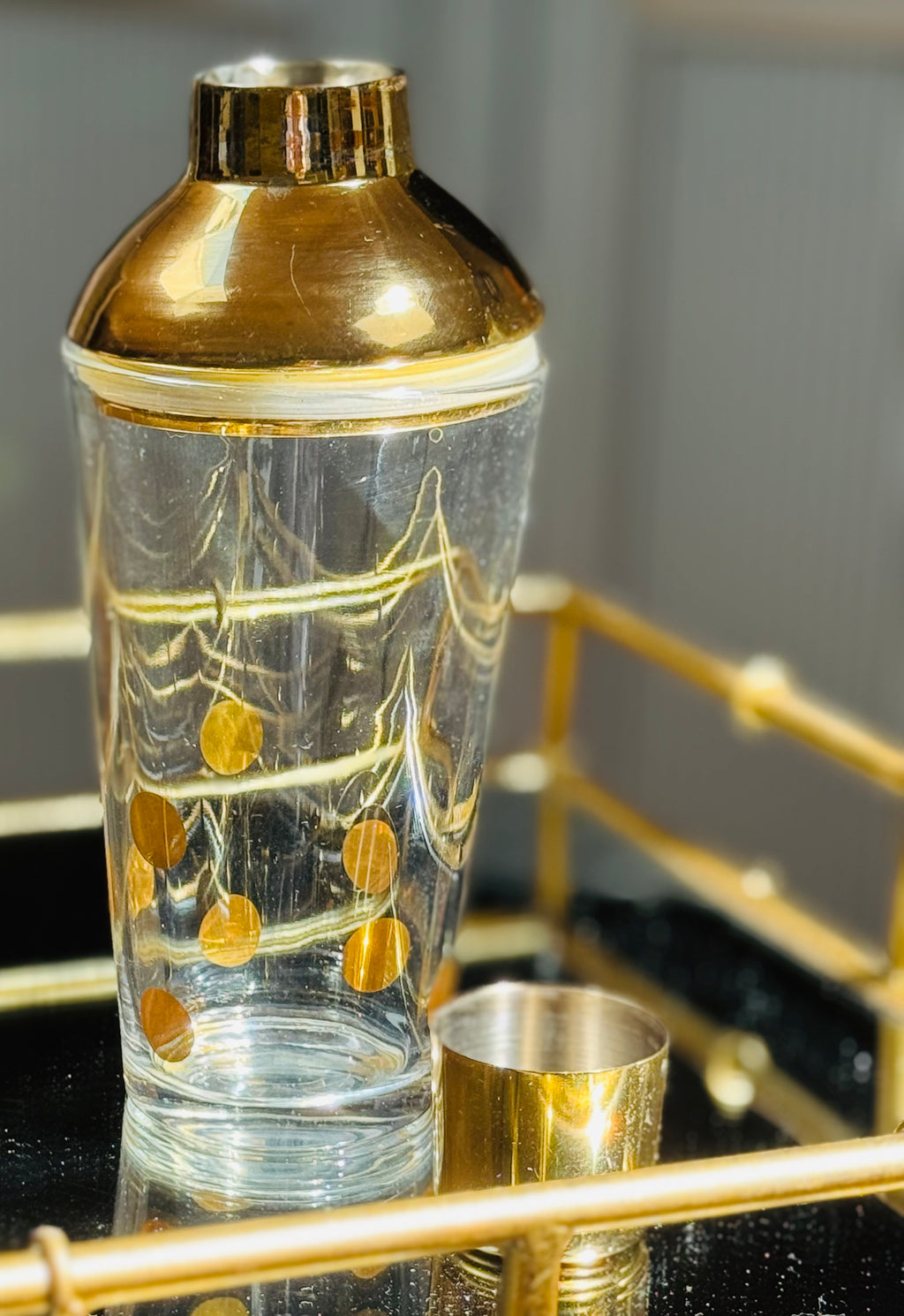 The Bar Edit — Vintage Barware Set Tarnów Poland Glass Pitcher, Brass Toned Cocktail Shaker, Marble Coasters & Collectable Mosser Milk Glass Boot — Mid Century Modern SLC