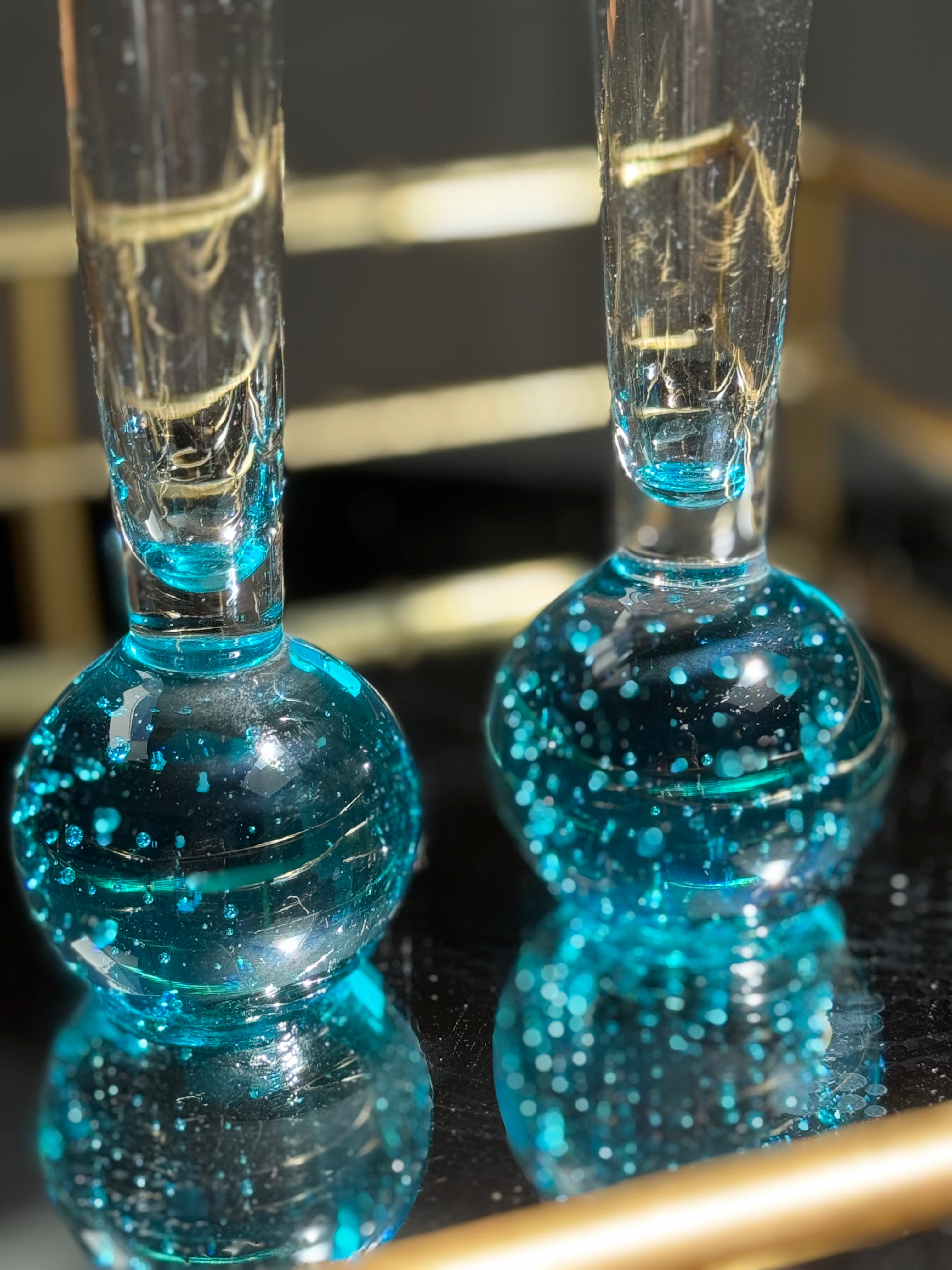 Vintage Italian Murano Style Art Glass Cordial Glasses — Teal Bubble Stem Vessels (Set of 2)
