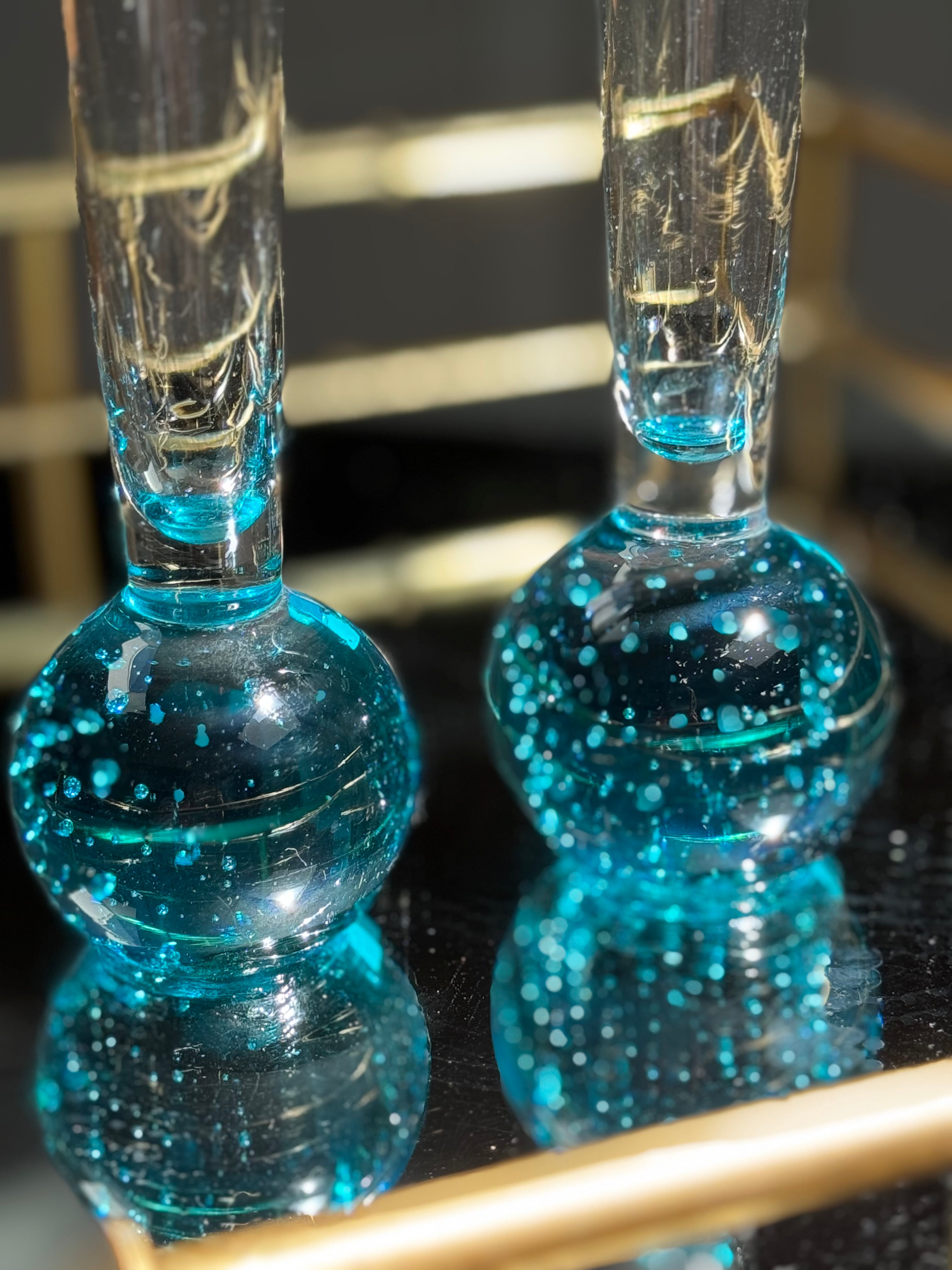 Vintage Italian Murano Style Art Glass Cordial Glasses — Teal Bubble Stem Vessels (Set of 2)