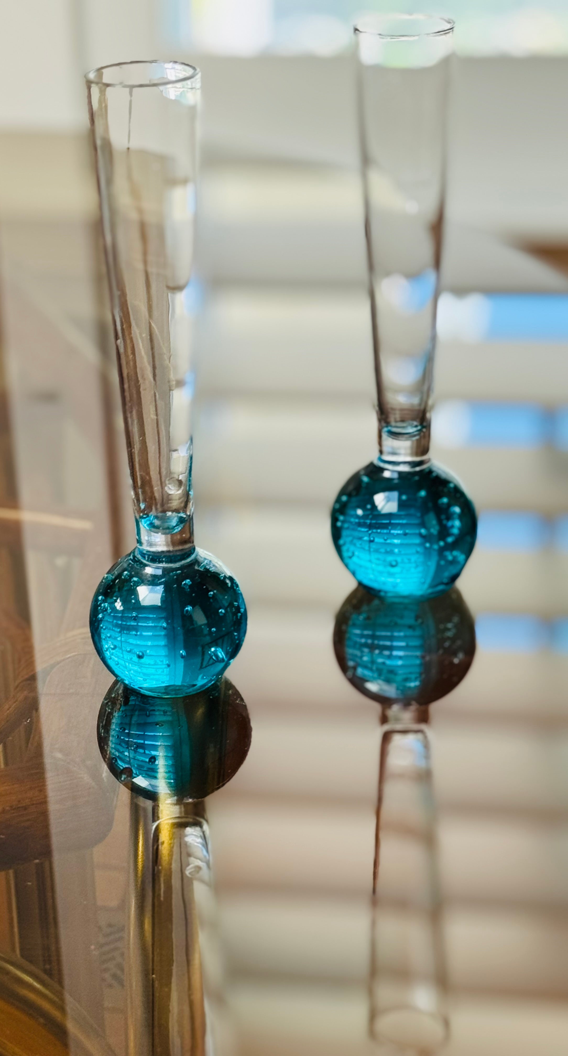 Vintage Italian Murano Style Art Glass Cordial Glasses — Teal Bubble Stem Vessels (Set of 2)