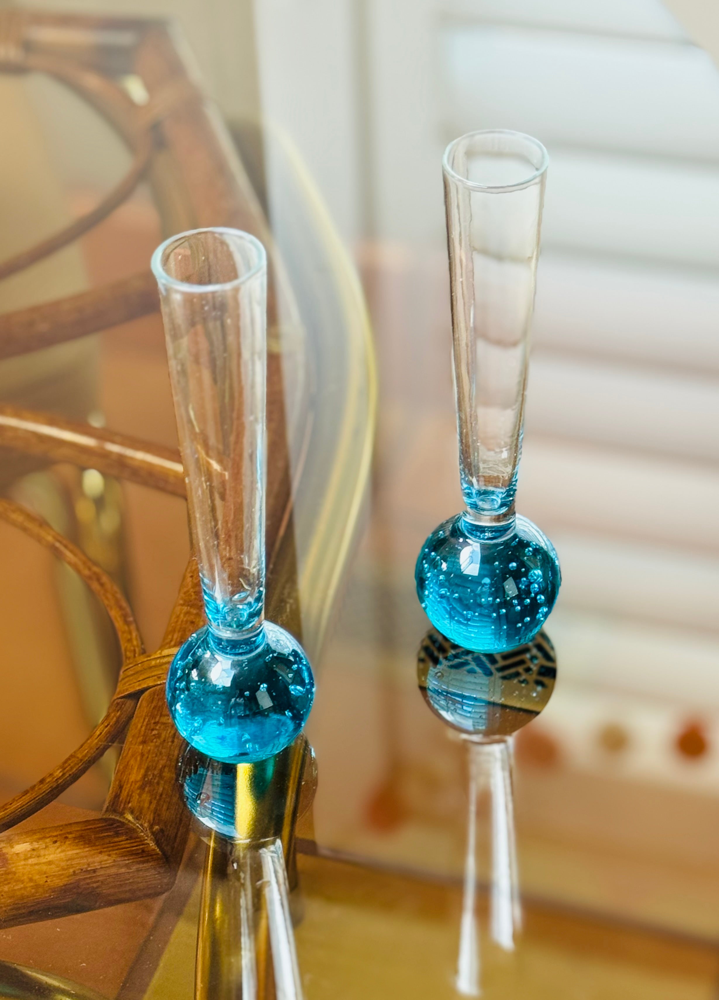Vintage Italian Murano Style Art Glass Cordial Glasses — Teal Bubble Stem Vessels (Set of 2)