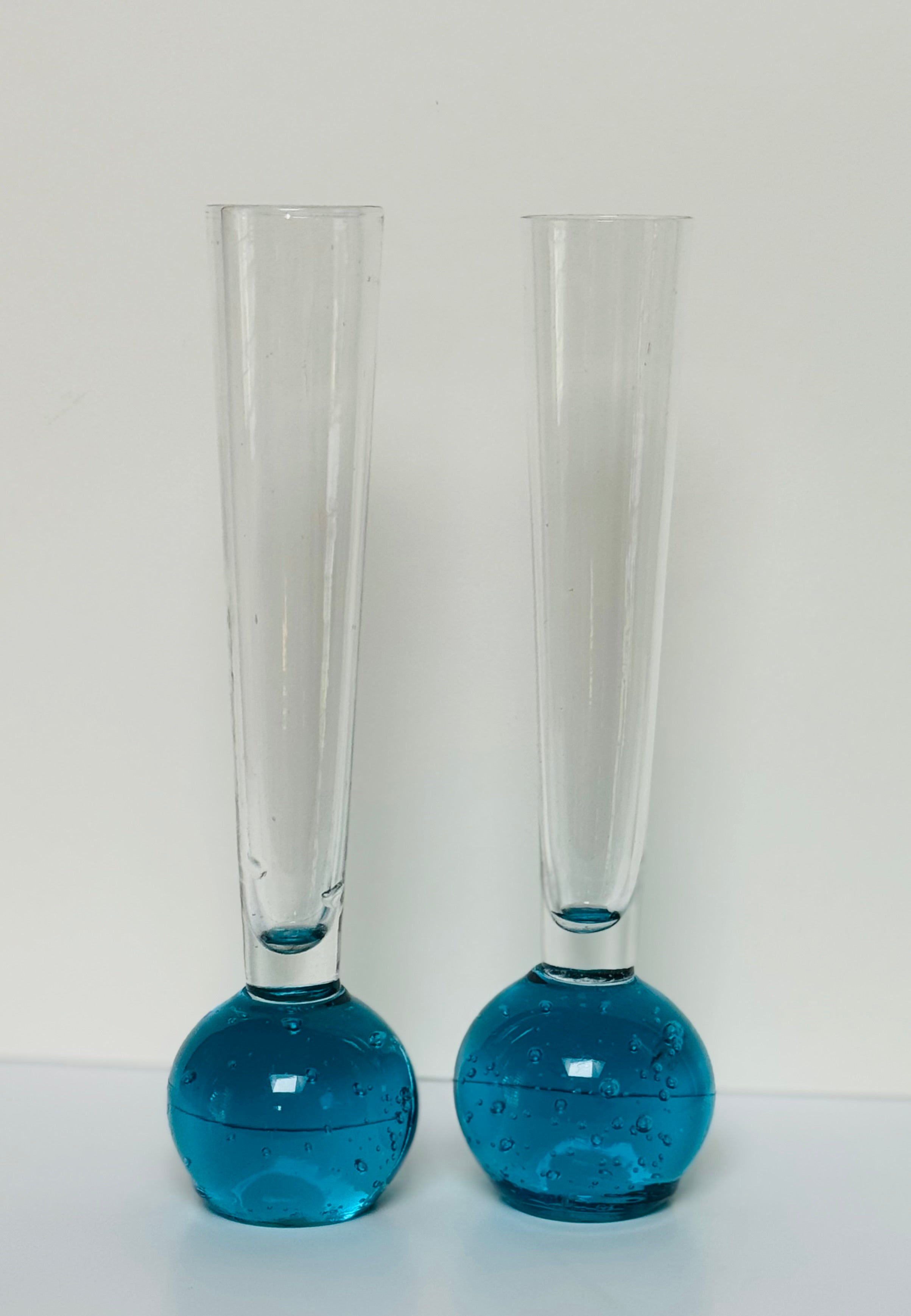 Vintage Italian Murano Style Art Glass Cordial Glasses — Teal Bubble Stem Vessels (Set of 2)