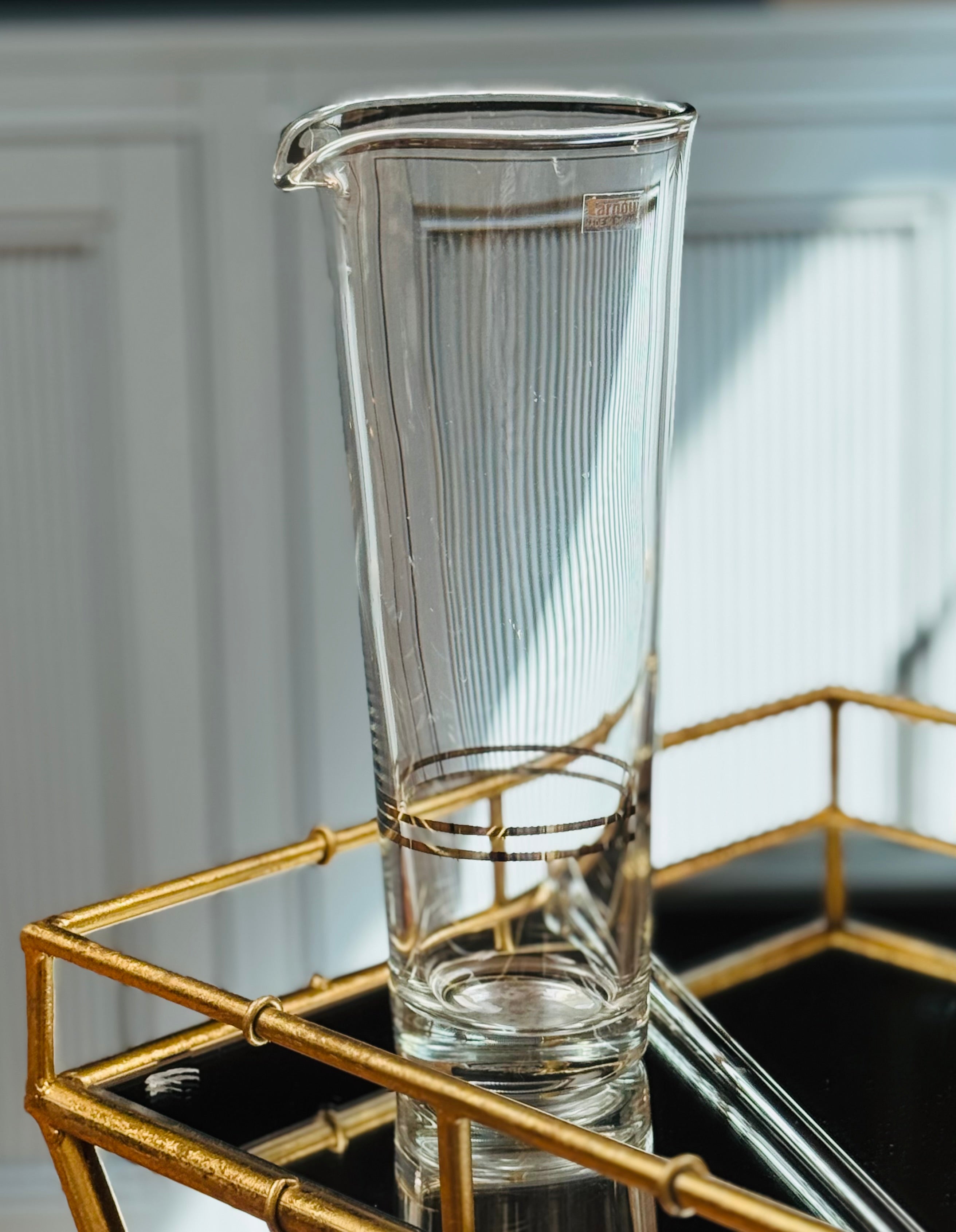 The Bar Edit — Vintage Barware Set Tarnów Poland Glass Pitcher, Brass Toned Cocktail Shaker, Marble Coasters & Collectable Mosser Milk Glass Boot — Mid Century Modern SLC