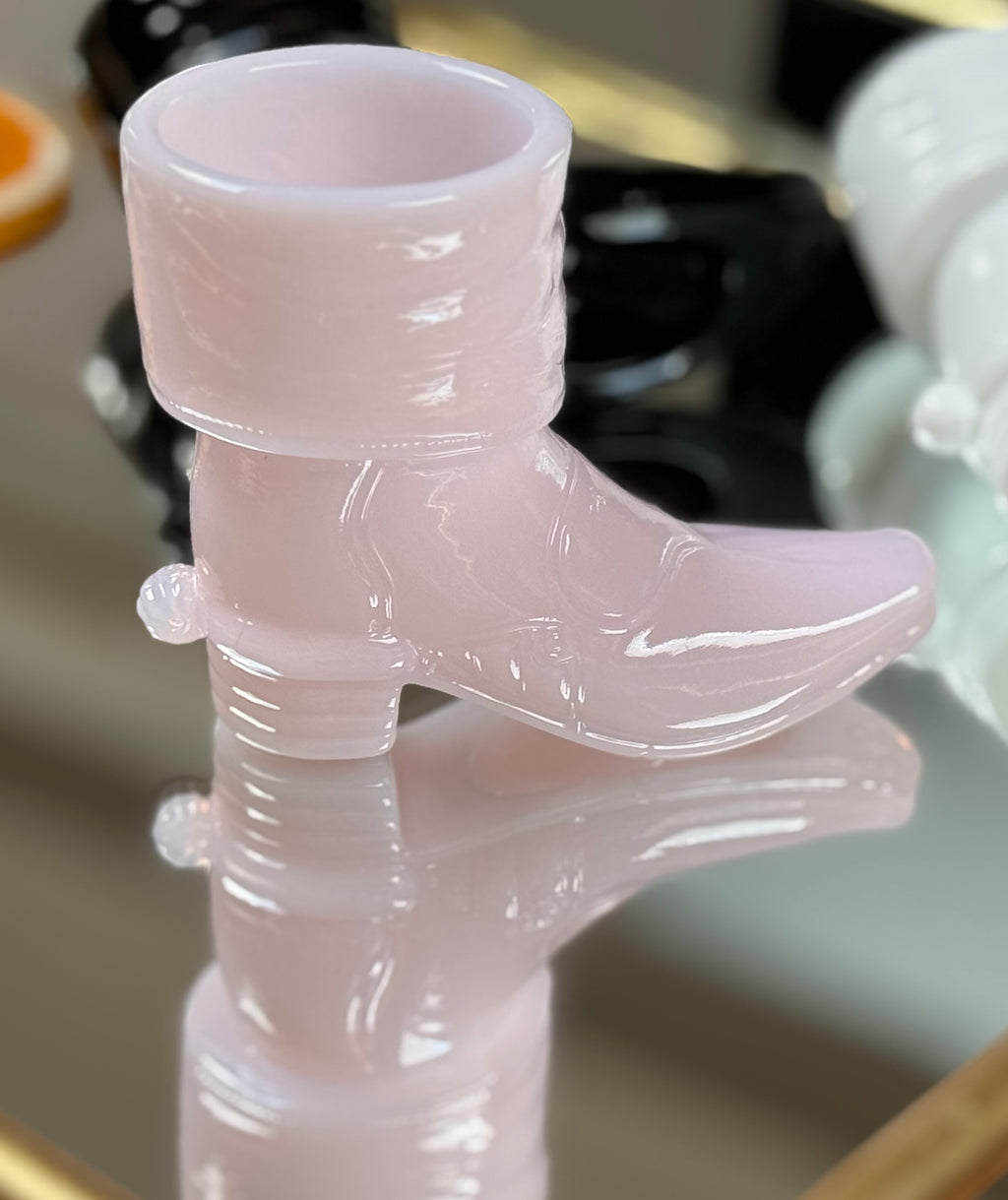 Highly Collectable Mosser Glass Cowboy Boot Shot Glass Set — Pink, Milk Glass & Black Western Barware