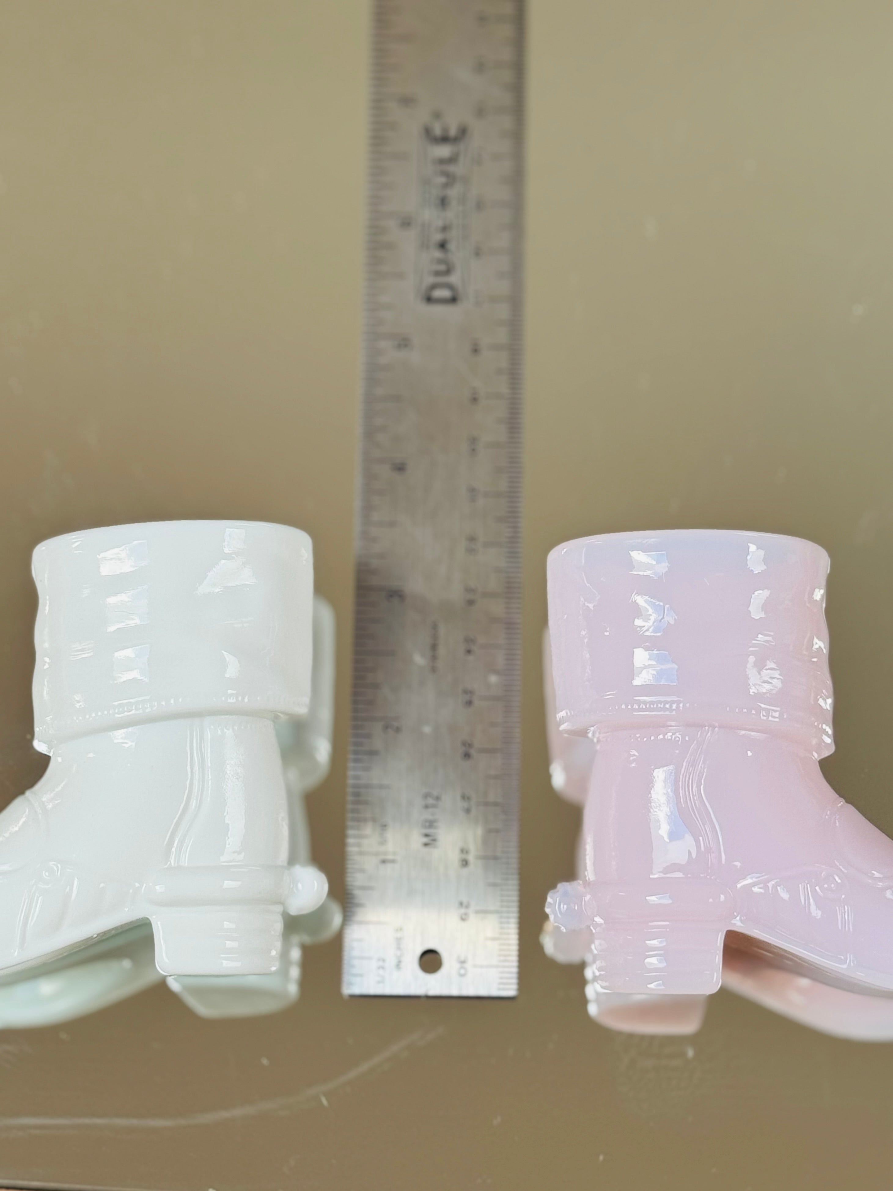 Highly Collectable Mosser Glass Cowboy Boot Shot Glass Set — Pink, Milk Glass & Black Western Barware