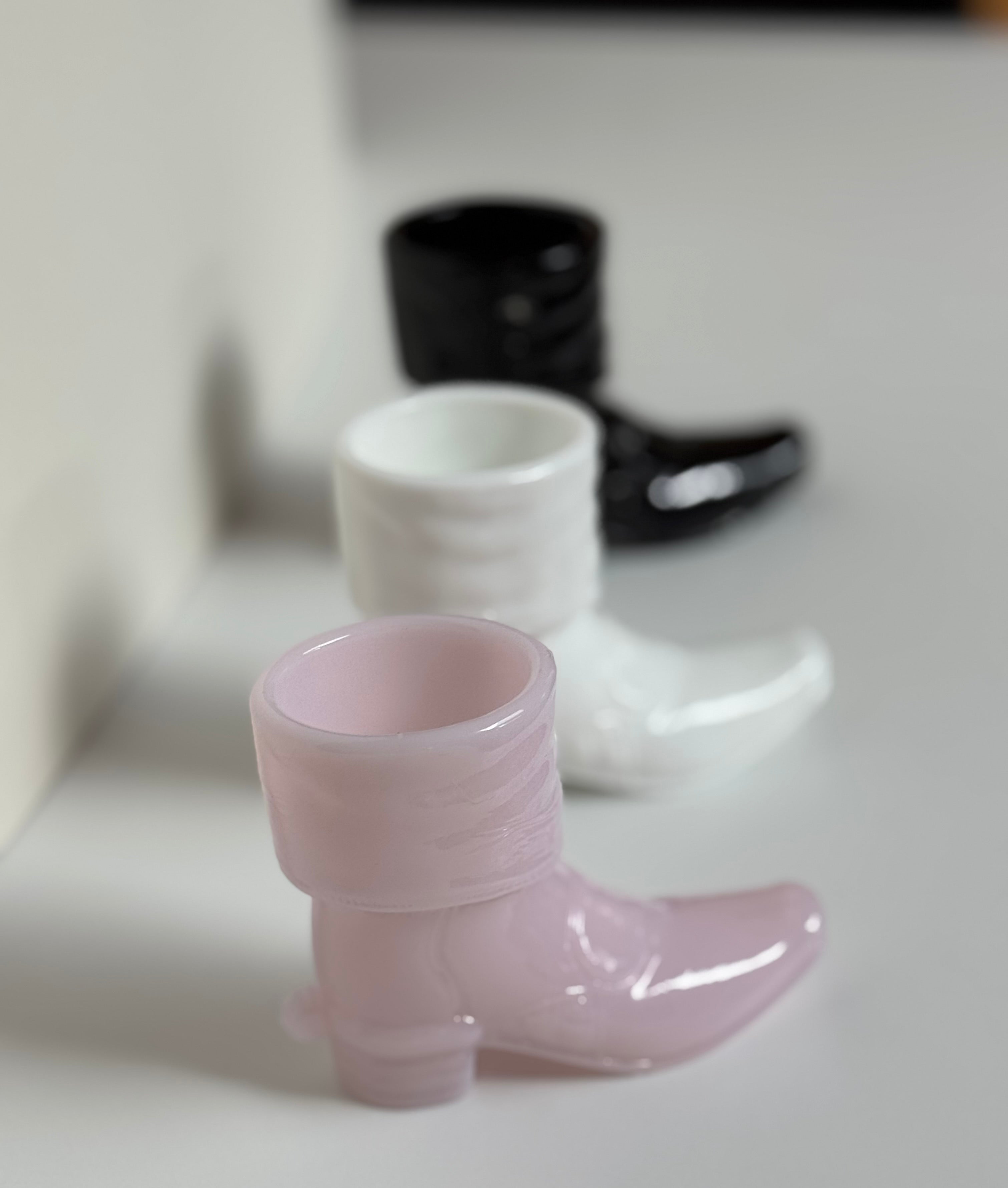 Highly Collectable Mosser Glass Cowboy Boot Shot Glass Set — Pink, Milk Glass & Black Western Barware
