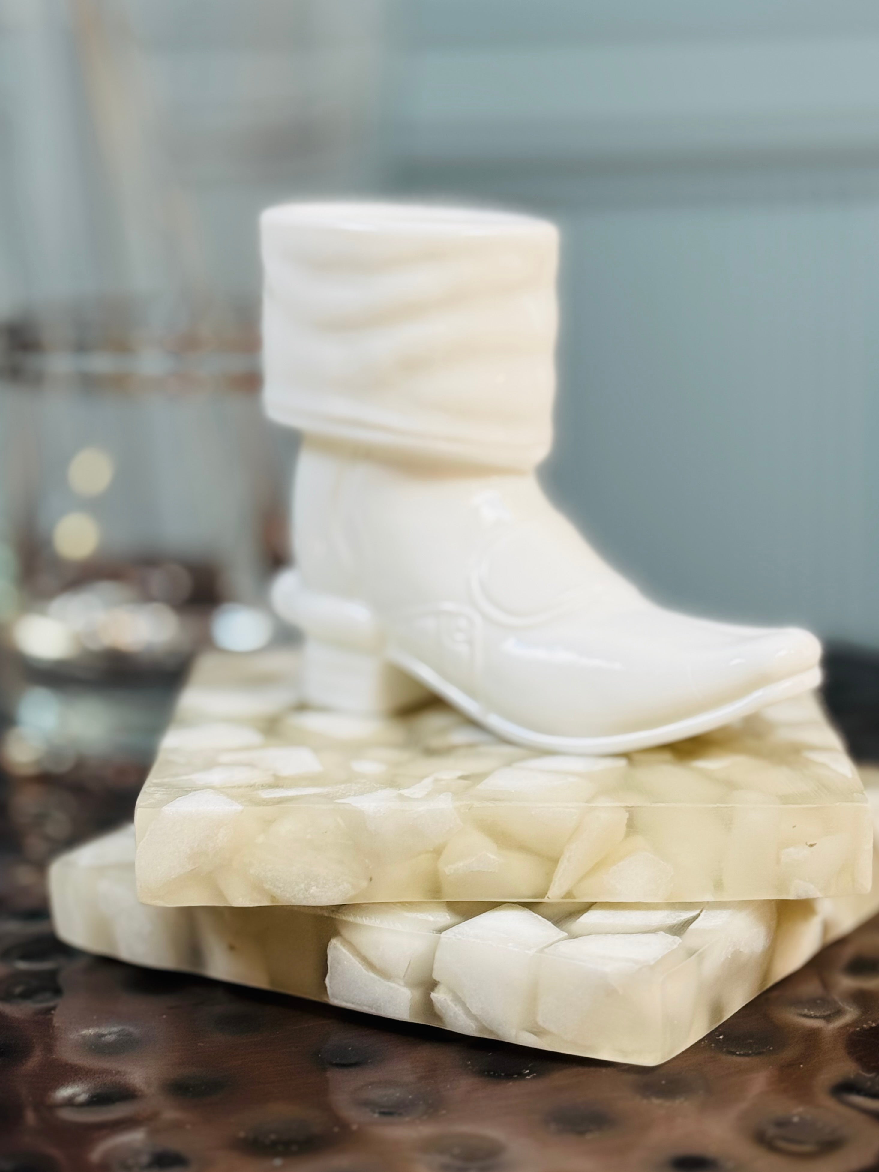 The Bar Edit — Vintage Barware Set Tarnów Poland Glass Pitcher, Brass Toned Cocktail Shaker, Marble Coasters & Collectable Mosser Milk Glass Boot — Mid Century Modern SLC