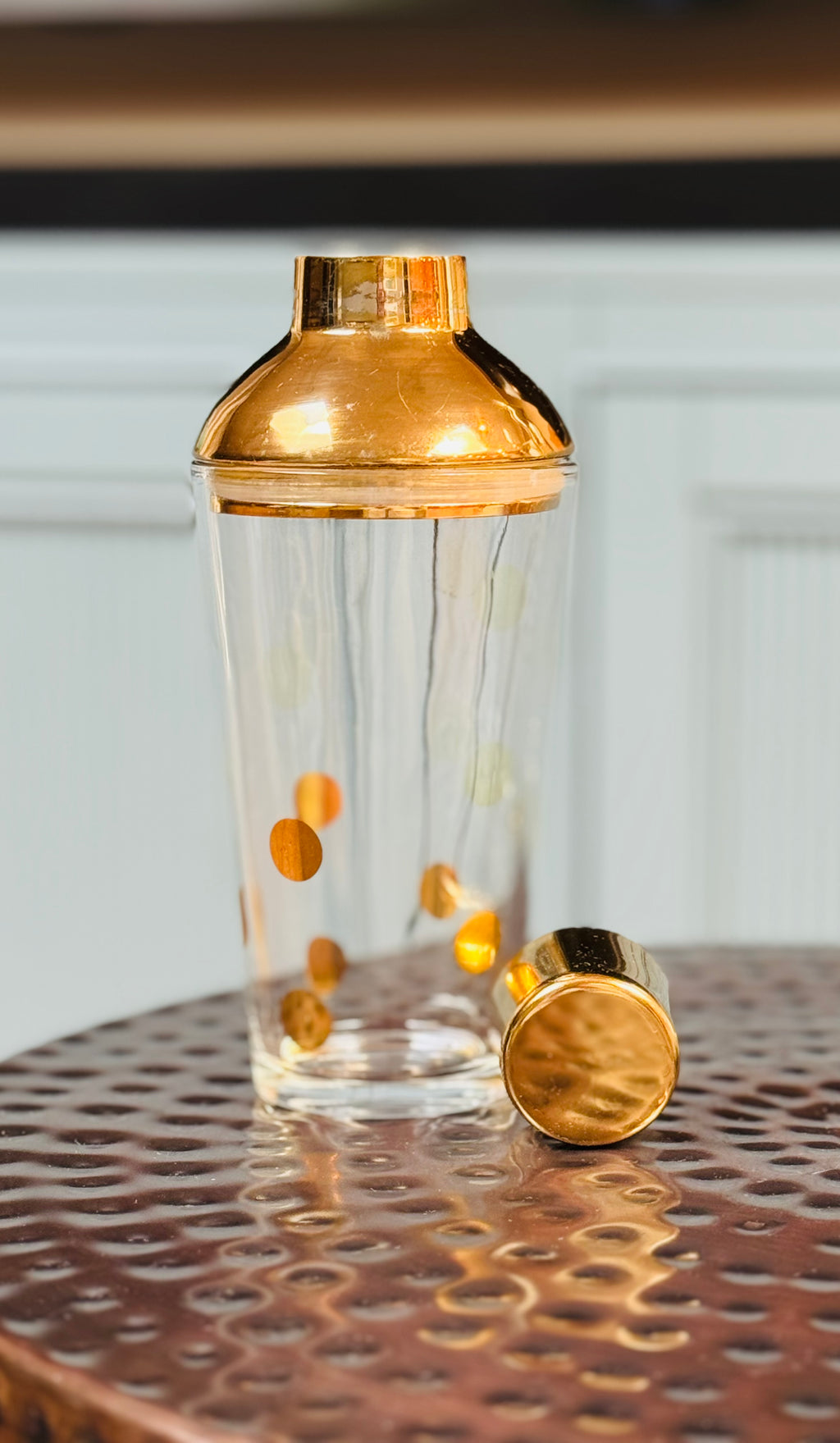 The Bar Edit — Vintage Barware Set Tarnów Poland Glass Pitcher, Brass Toned Cocktail Shaker, Marble Coasters & Collectable Mosser Milk Glass Boot — Mid Century Modern SLC