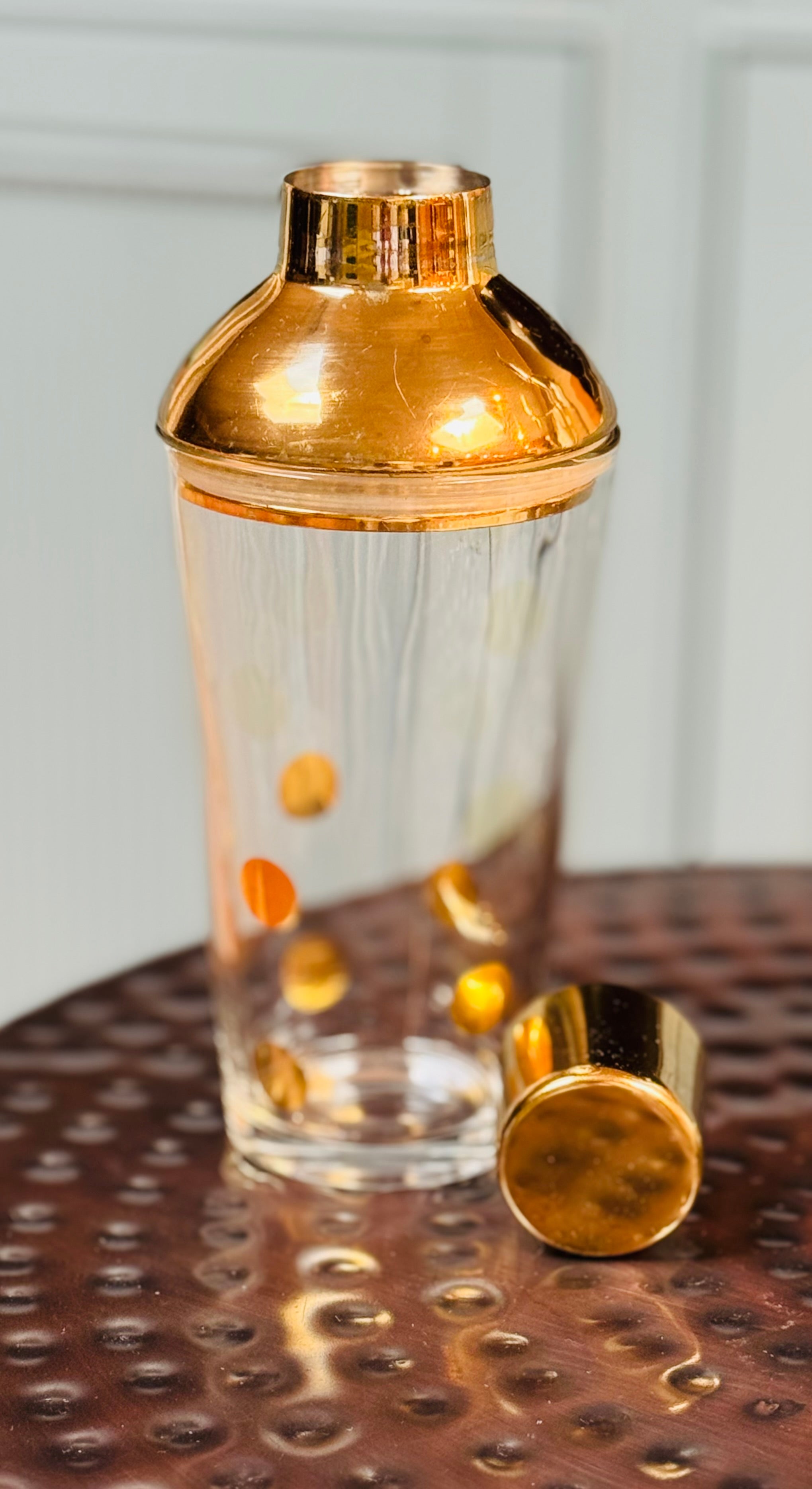 The Bar Edit — Vintage Barware Set Tarnów Poland Glass Pitcher, Brass Toned Cocktail Shaker, Marble Coasters & Collectable Mosser Milk Glass Boot — Mid Century Modern SLC