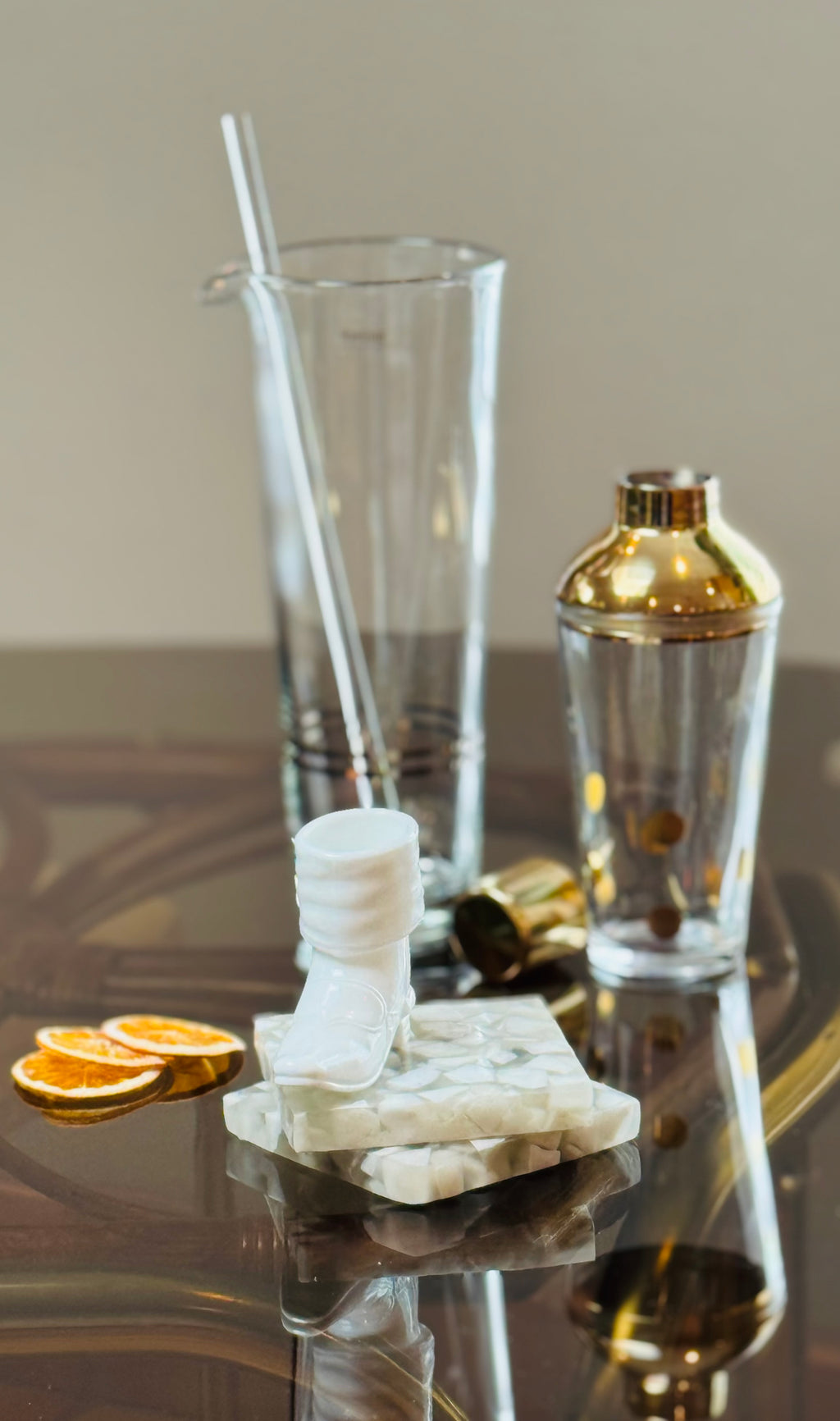 The Bar Edit — Vintage Barware Set Tarnów Poland Glass Pitcher, Brass Toned Cocktail Shaker, Marble Coasters & Collectable Mosser Milk Glass Boot — Mid Century Modern SLC