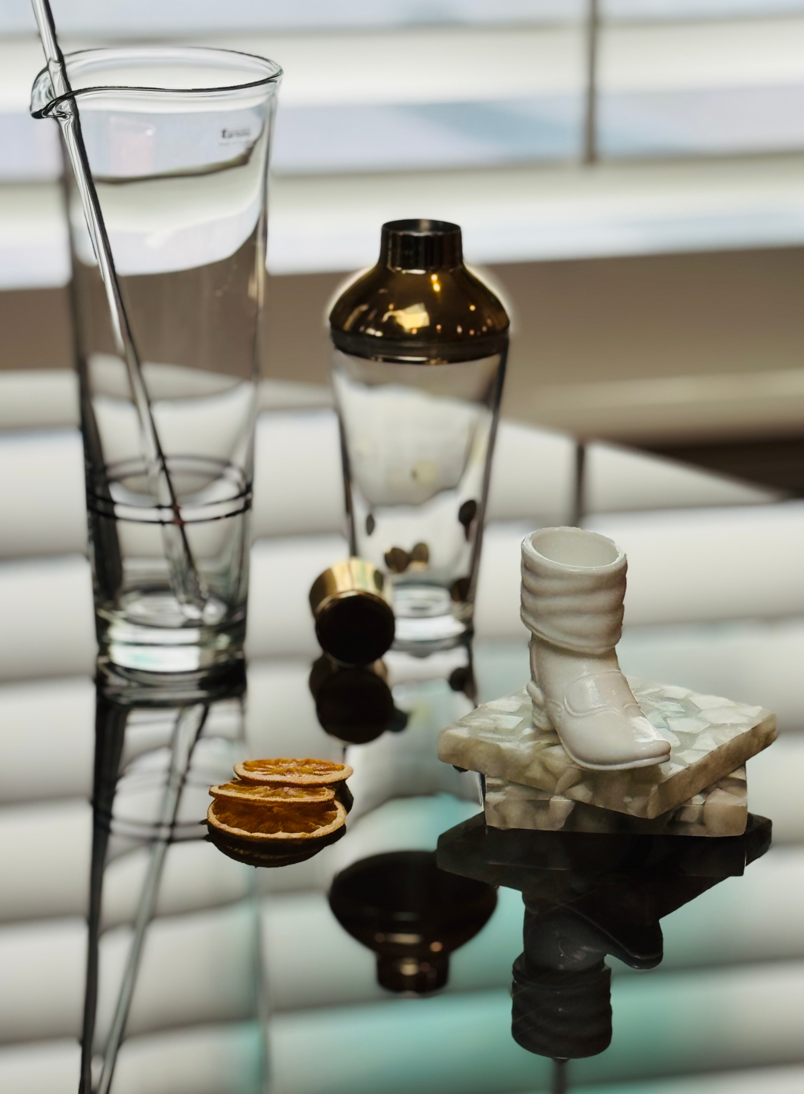 The Bar Edit — Vintage Barware Set Tarnów Poland Glass Pitcher, Brass Toned Cocktail Shaker, Marble Coasters & Collectable Mosser Milk Glass Boot — Mid Century Modern SLC