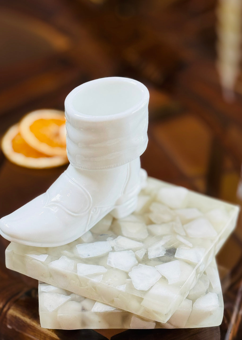 The Bar Edit — Vintage Barware Set Tarnów Poland Glass Pitcher, Brass Toned Cocktail Shaker, Marble Coasters & Collectable Mosser Milk Glass Boot — Mid Century Modern SLC