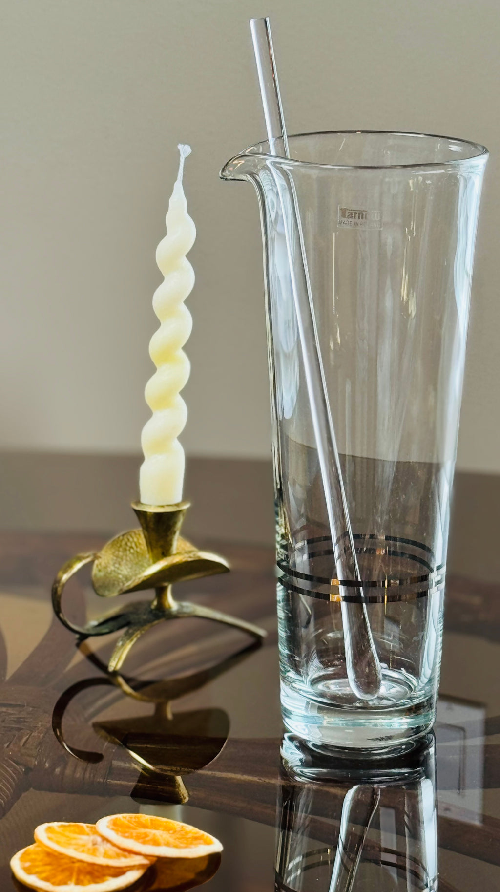 The Bar Edit — Vintage Barware Set Tarnów Poland Glass Pitcher, Brass Toned Cocktail Shaker, Marble Coasters & Collectable Mosser Milk Glass Boot — Mid Century Modern SLC