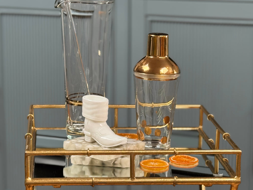 The Bar Edit — Vintage Barware Set Tarnów Poland Glass Pitcher, Brass Toned Cocktail Shaker, Marble Coasters & Collectable Mosser Milk Glass Boot — Mid Century Modern SLC