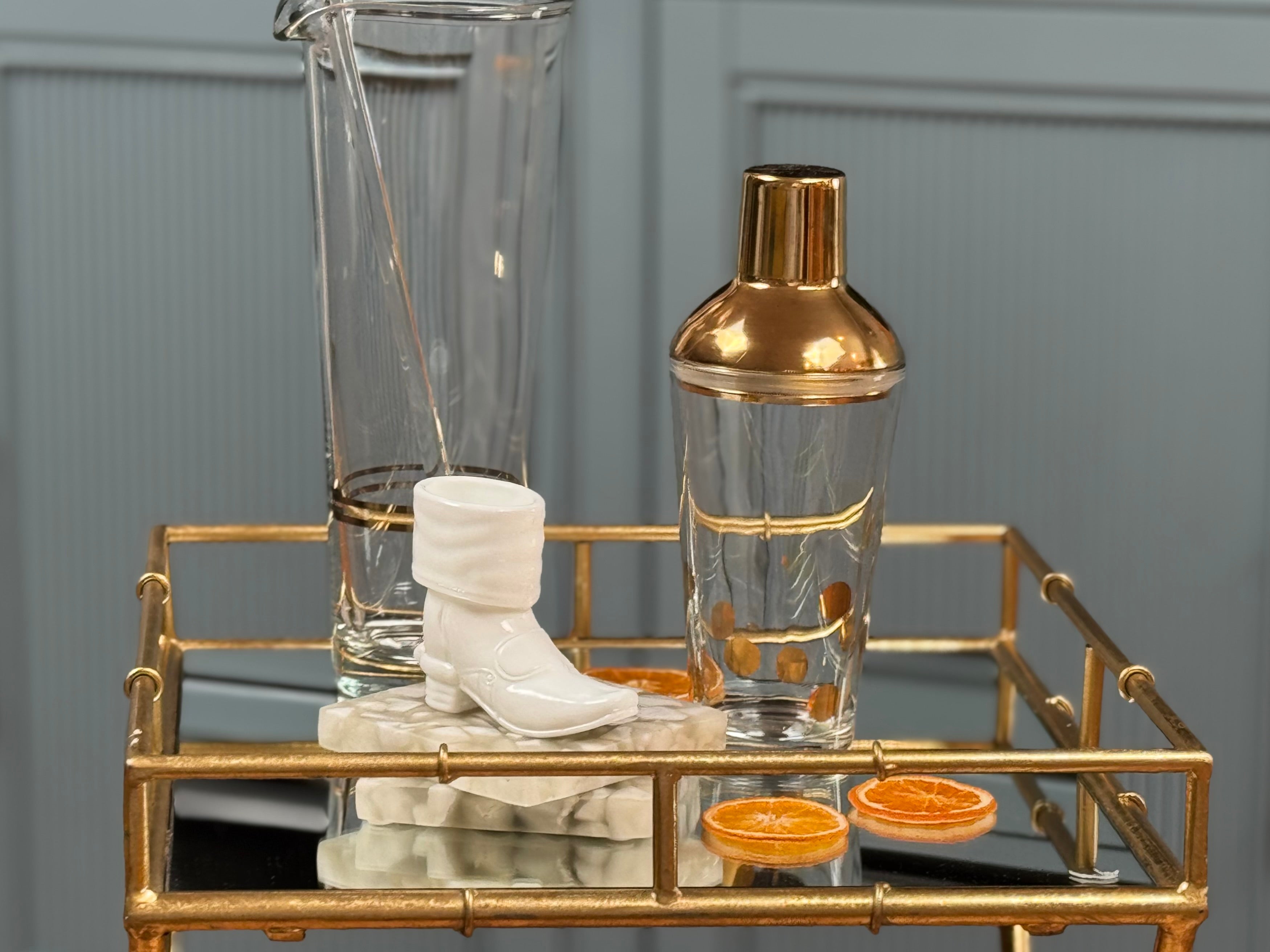 The Bar Edit — Vintage Barware Set Tarnów Poland Glass Pitcher, Brass Toned Cocktail Shaker, Marble Coasters & Collectable Mosser Milk Glass Boot — Mid Century Modern SLC