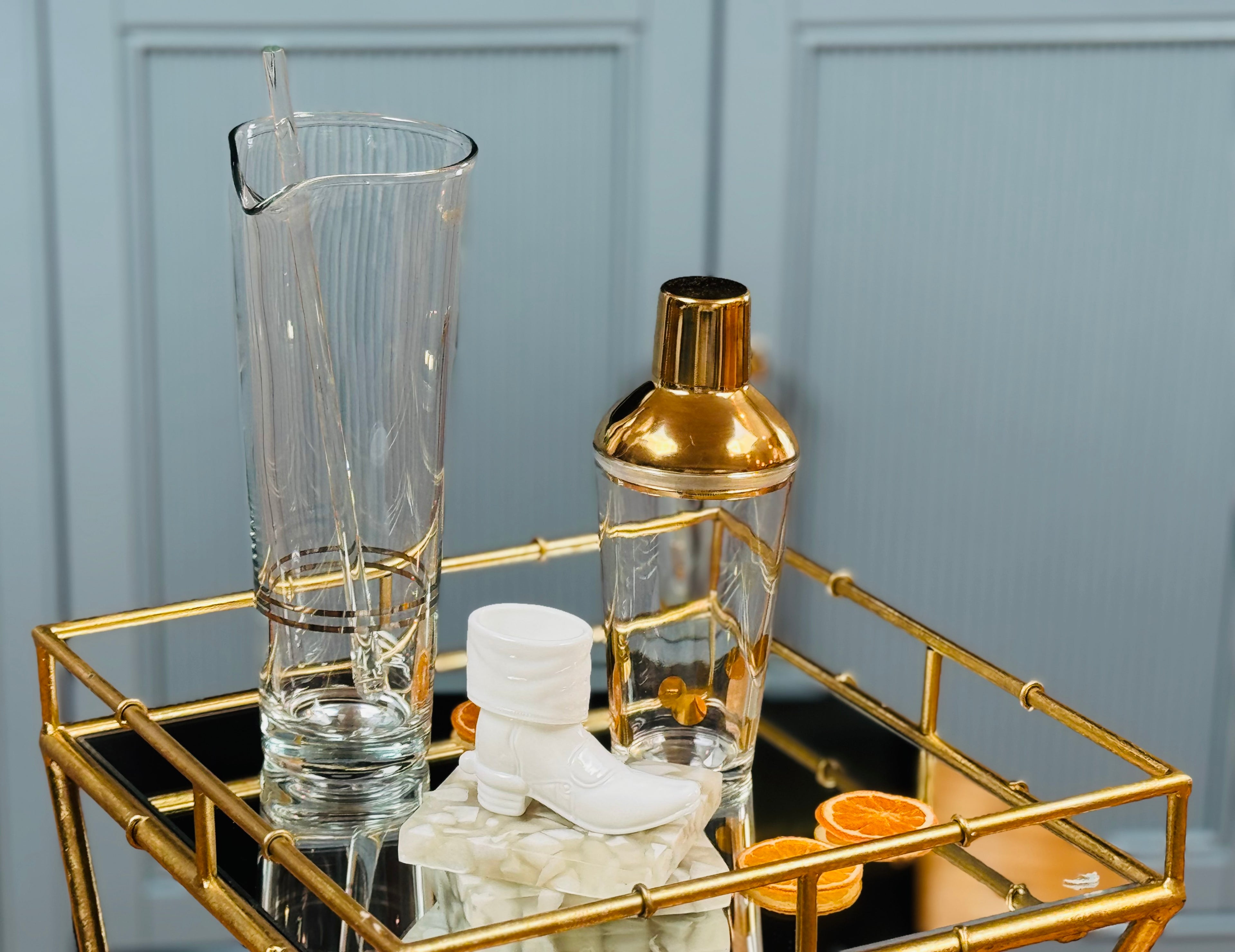 The Bar Edit — Vintage Barware Set Tarnów Poland Glass Pitcher, Brass Toned Cocktail Shaker, Marble Coasters & Collectable Mosser Milk Glass Boot — Mid Century Modern SLC