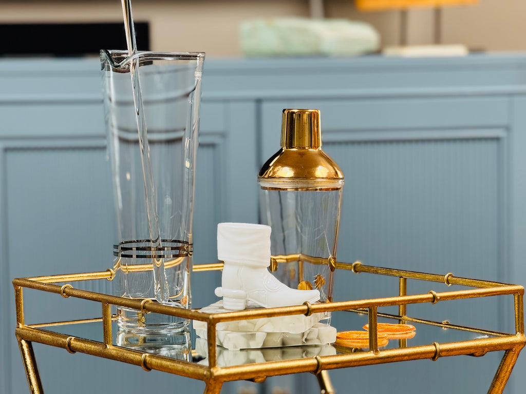 The Bar Edit — Vintage Barware Set Tarnów Poland Glass Pitcher, Brass Toned Cocktail Shaker, Marble Coasters & Collectable Mosser Milk Glass Boot — Mid Century Modern SLC